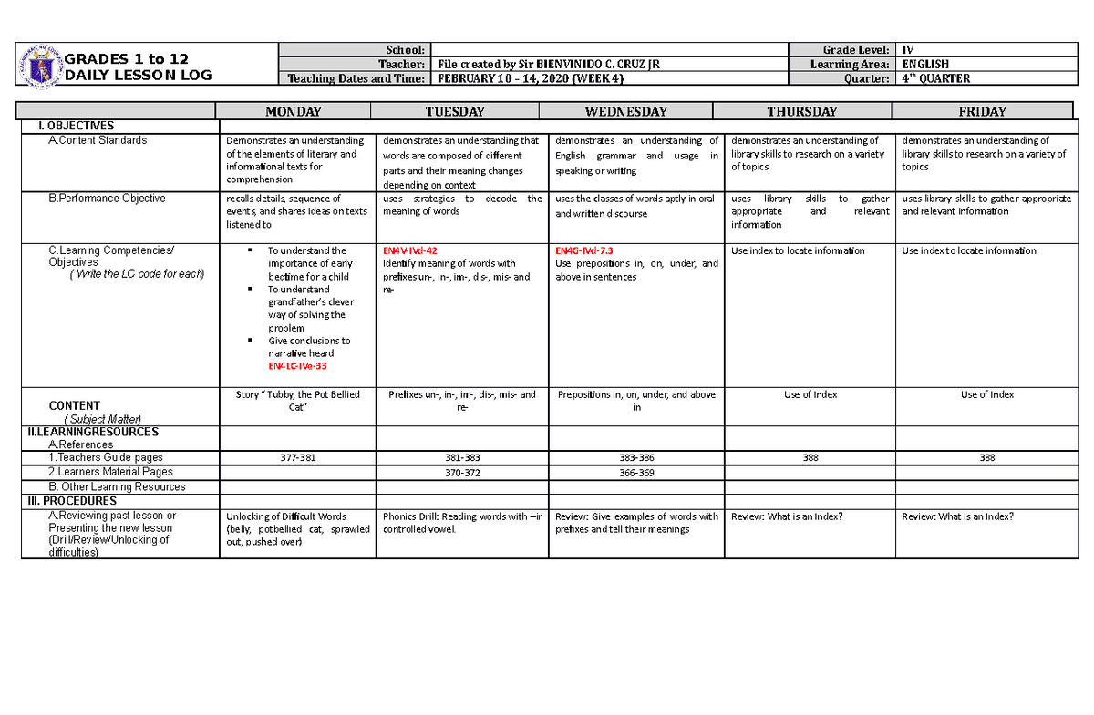 DLL English 4 Q4 W4 - Daily Lesson Log for Grade IV (Feb 10-14, 2020 ...
