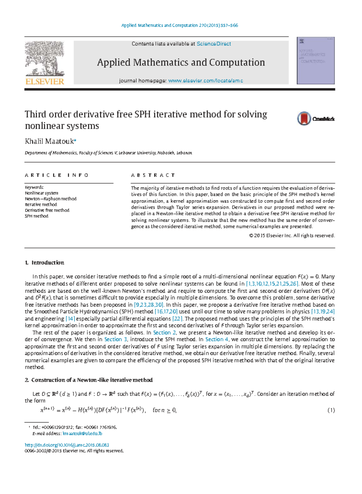 Third Order Derivative-Free SPH Iterative Method for Nonlinear Systems ...