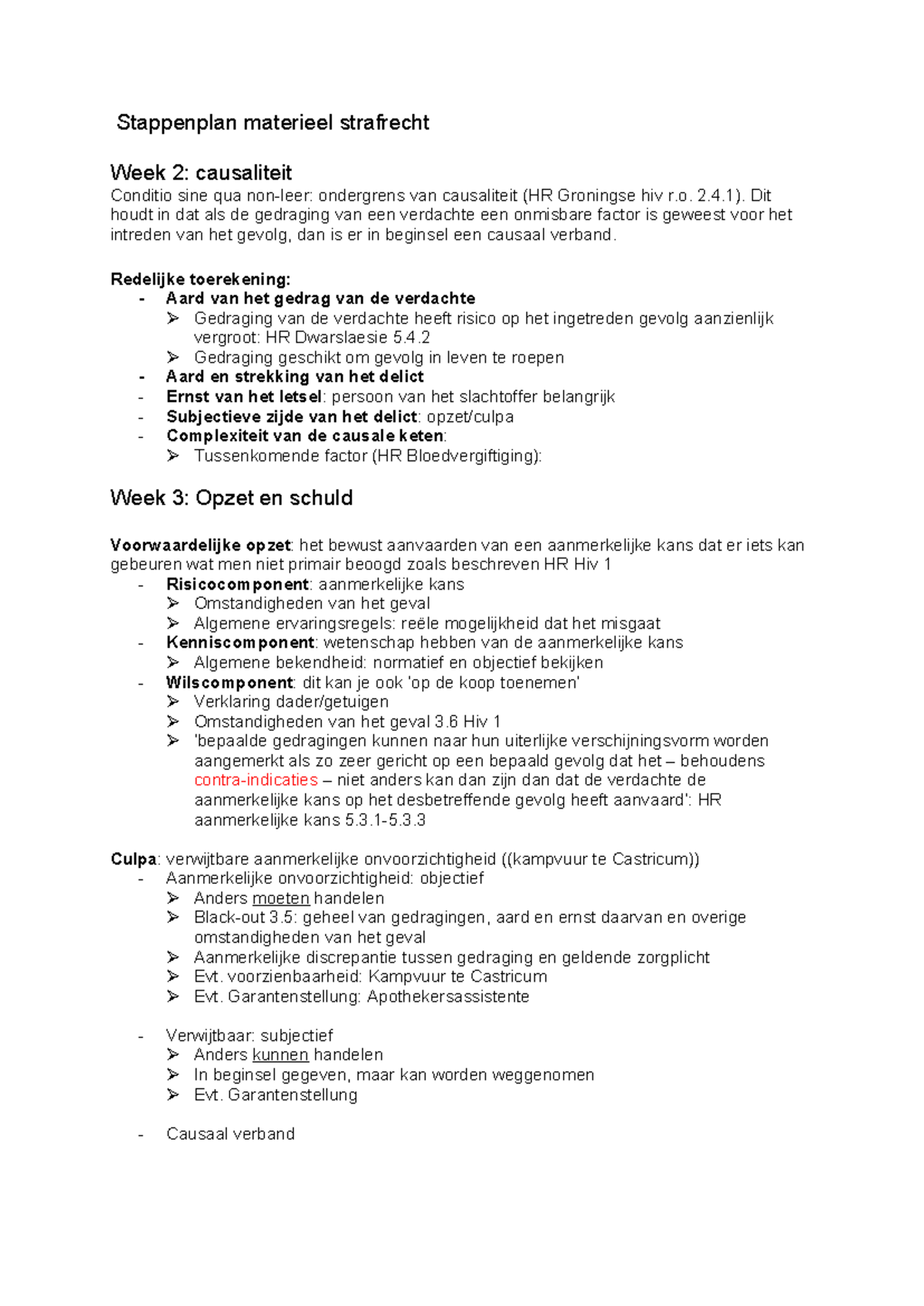 Stappenplan Materieel Strafrecht Week 2-5: Causaliteit en Schuld ...