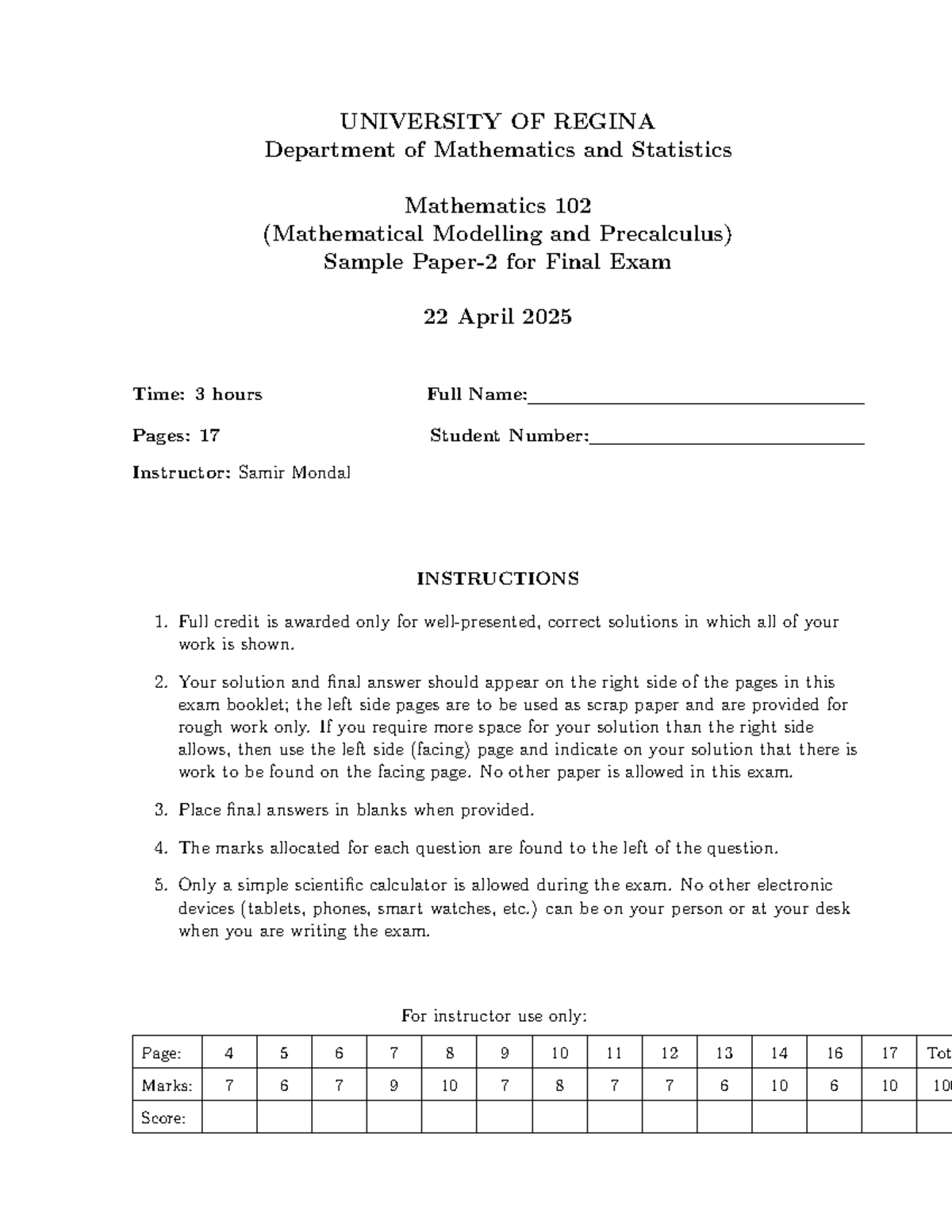 MATH 102 Final Exam Sample - Mathematical Modelling & Precalculus - Studocu