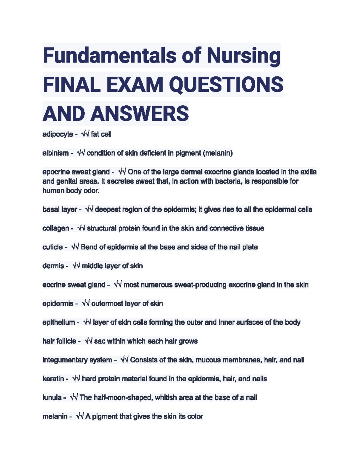 Fundamentals of Nursing NUR 101 FINAL EXAM Q&A Guide - Studocu
