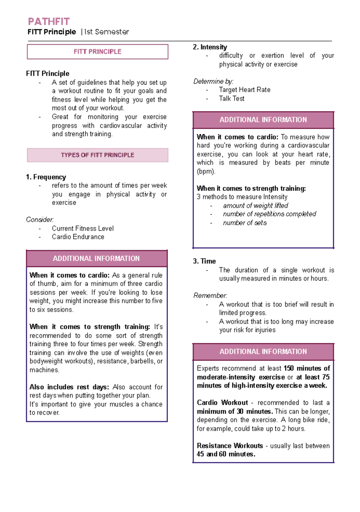 FITT Principle Guidelines for PATHFIT G4 - 1st Semester - Studocu