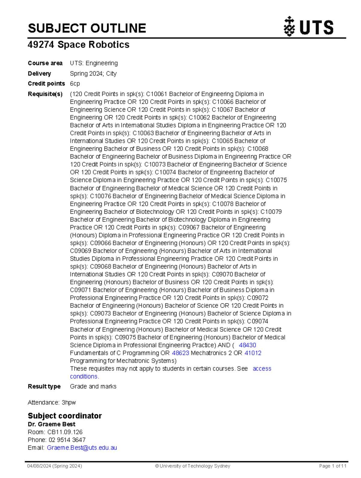 Space Robotics Course Outline (49274) - Spring 2024 - Studocu