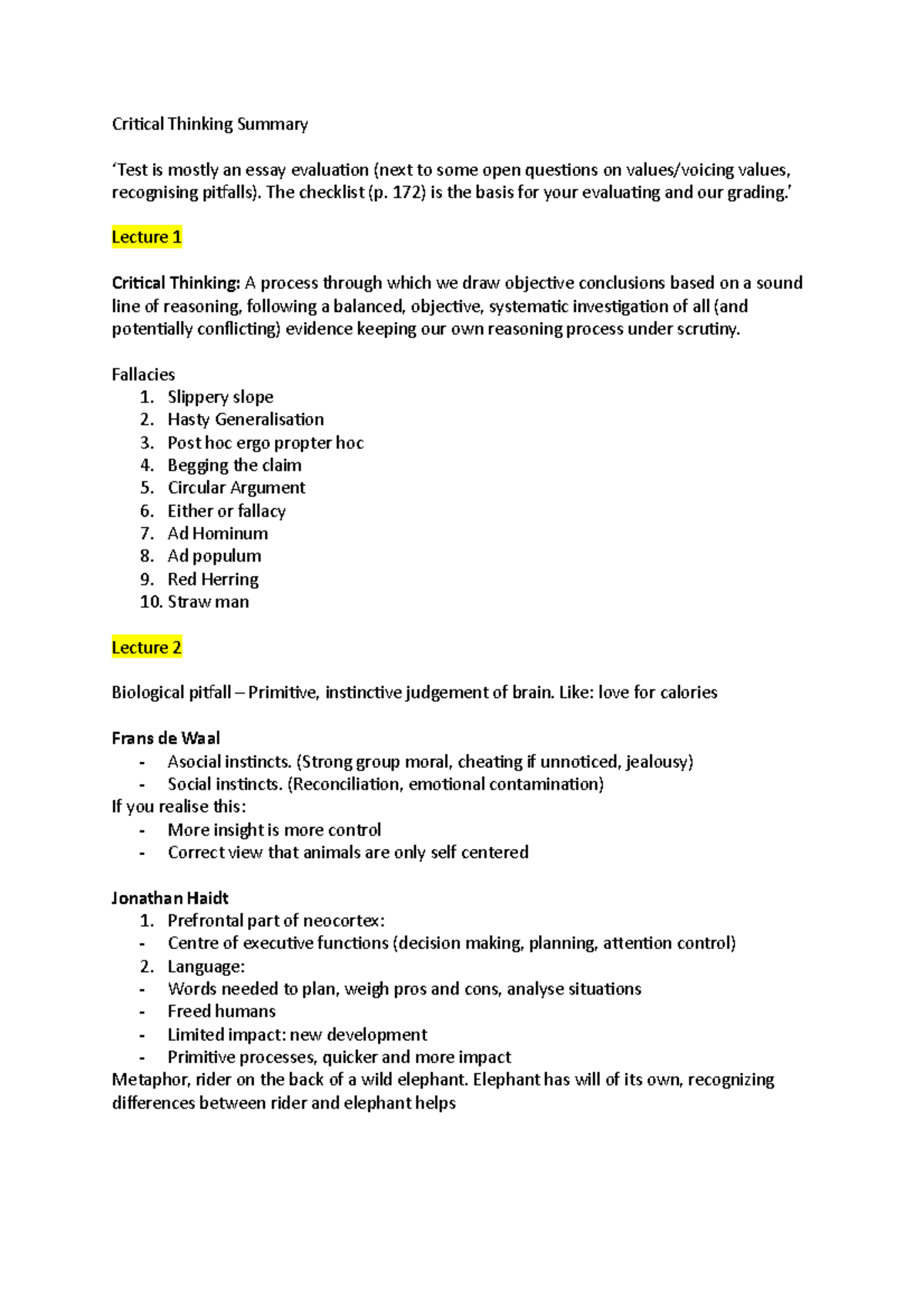 Critical Thinking Summary & Evaluations: Lecture Insights & Arguments ...