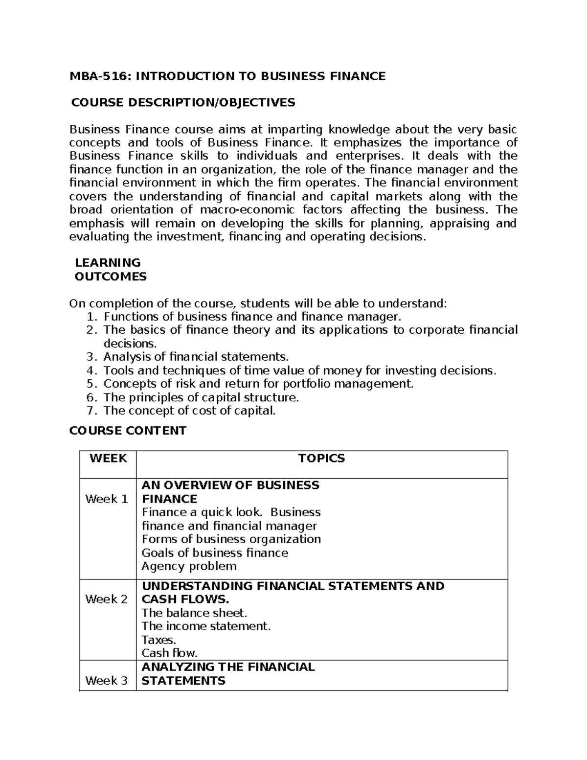 MBA-516: Business Finance Lecture 5 - Key Concepts and Tools - Studocu