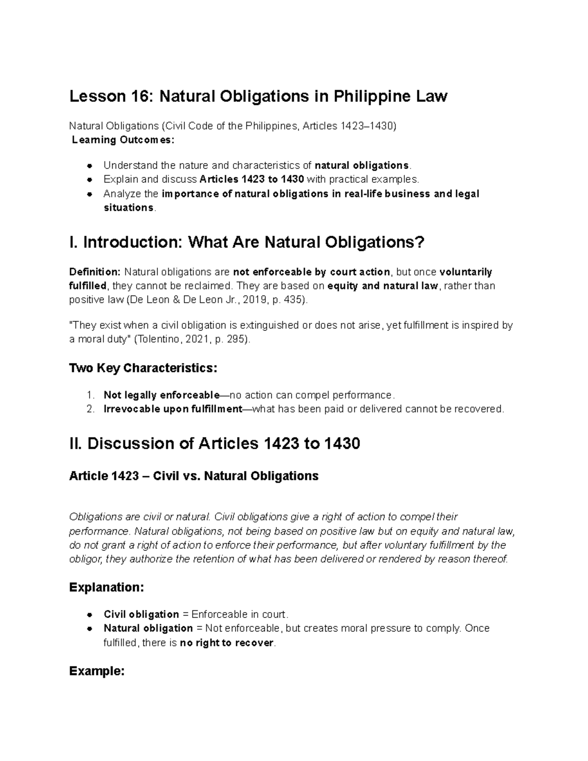 Bmgt 24: Lesson 16 - Understanding Natural Obligations in Philippine ...