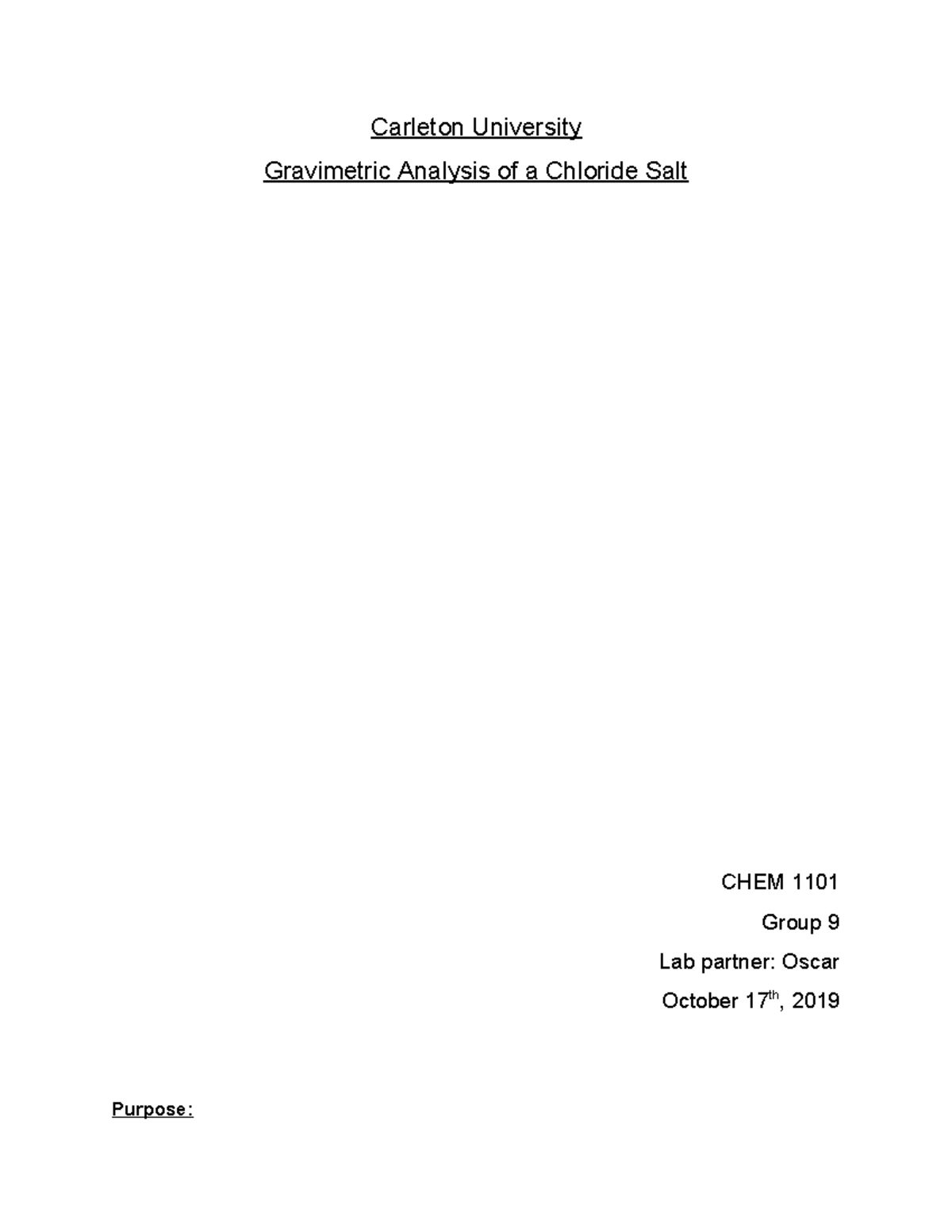 Chem lab report 1:Gravimetric Analysis of a Chloride Salt - Carleton ...