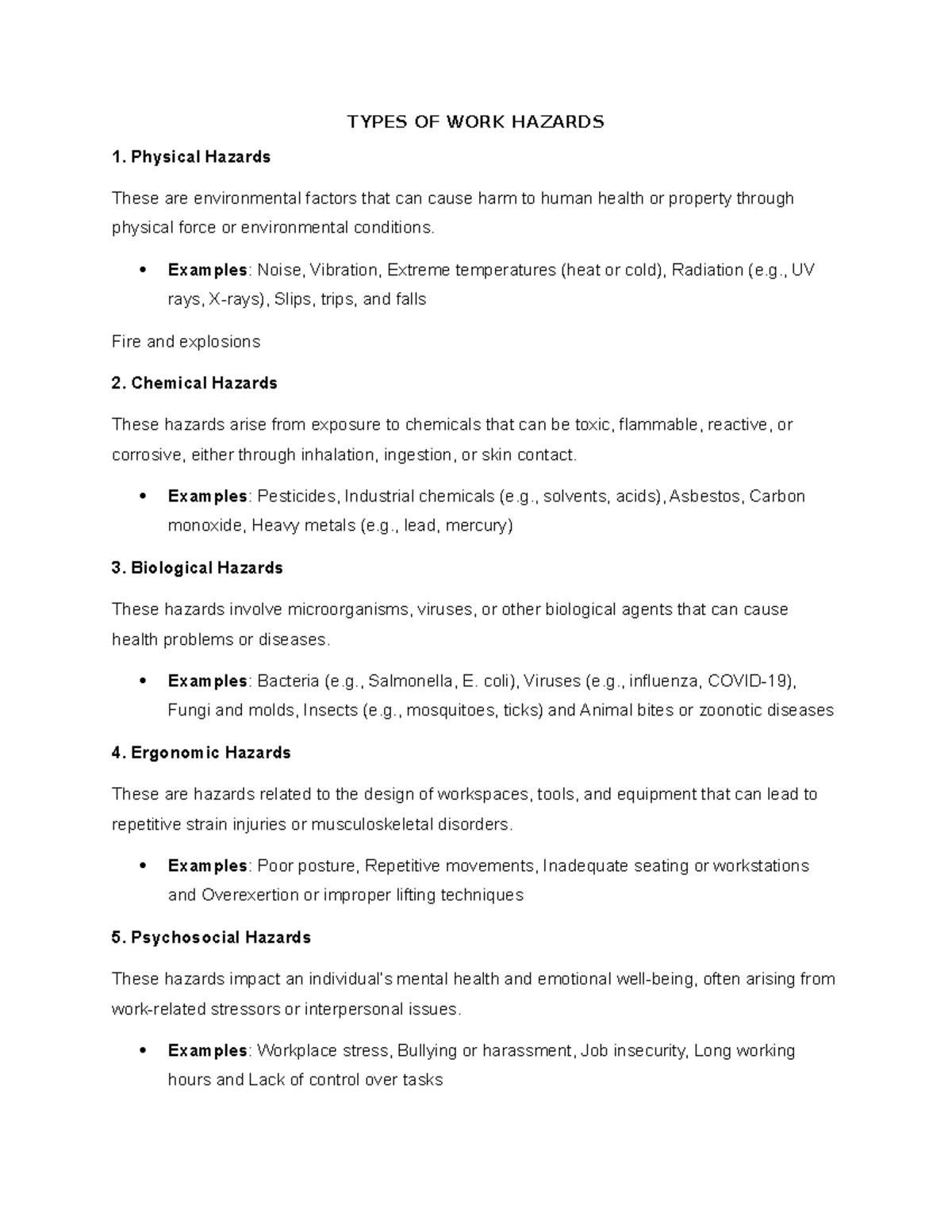 Types of Workplace Hazards - TVL-IA-EIM Guide - Studocu