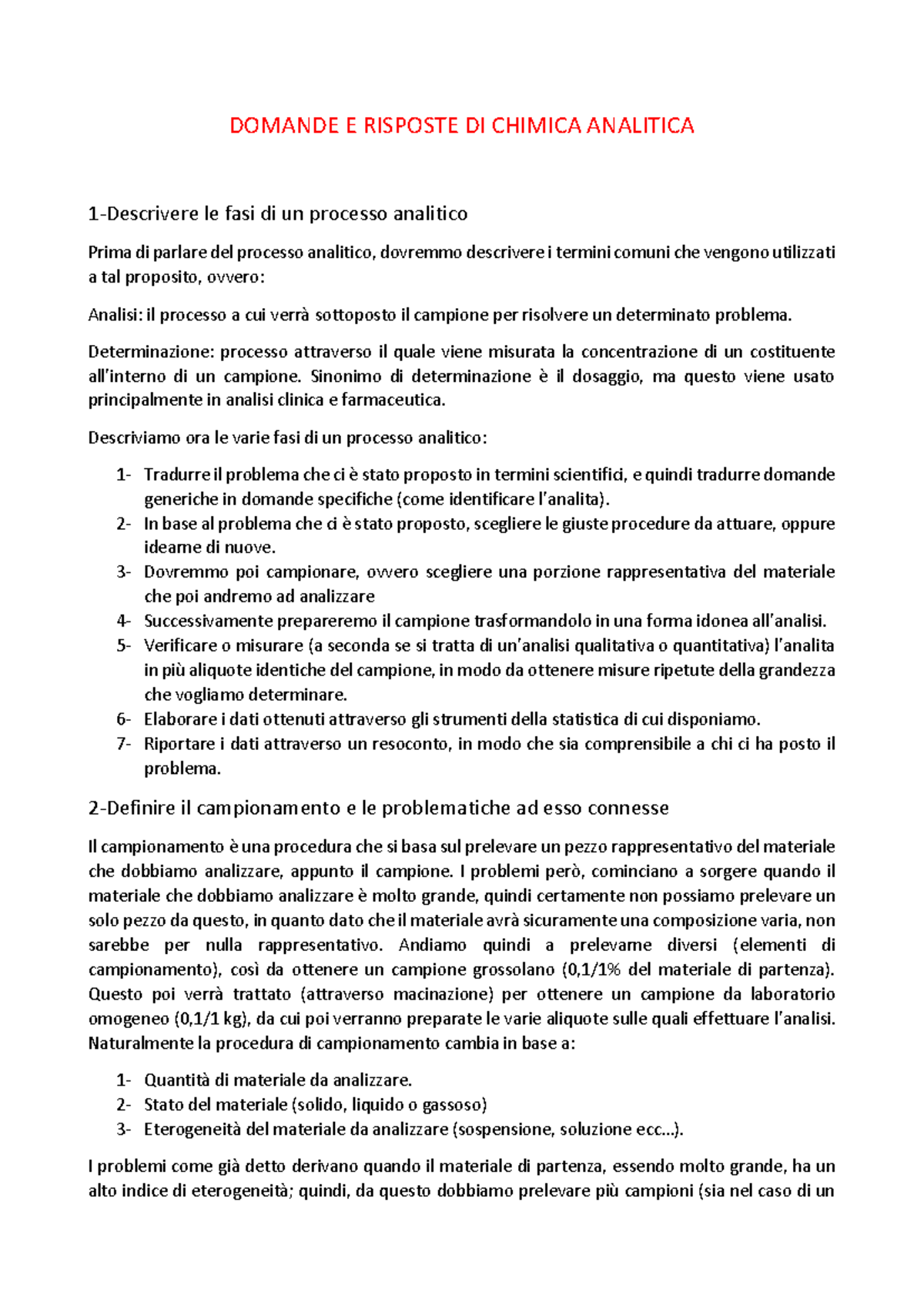 Domande e Risposte sul Processo Analitico - Chimica Analitica - Studocu