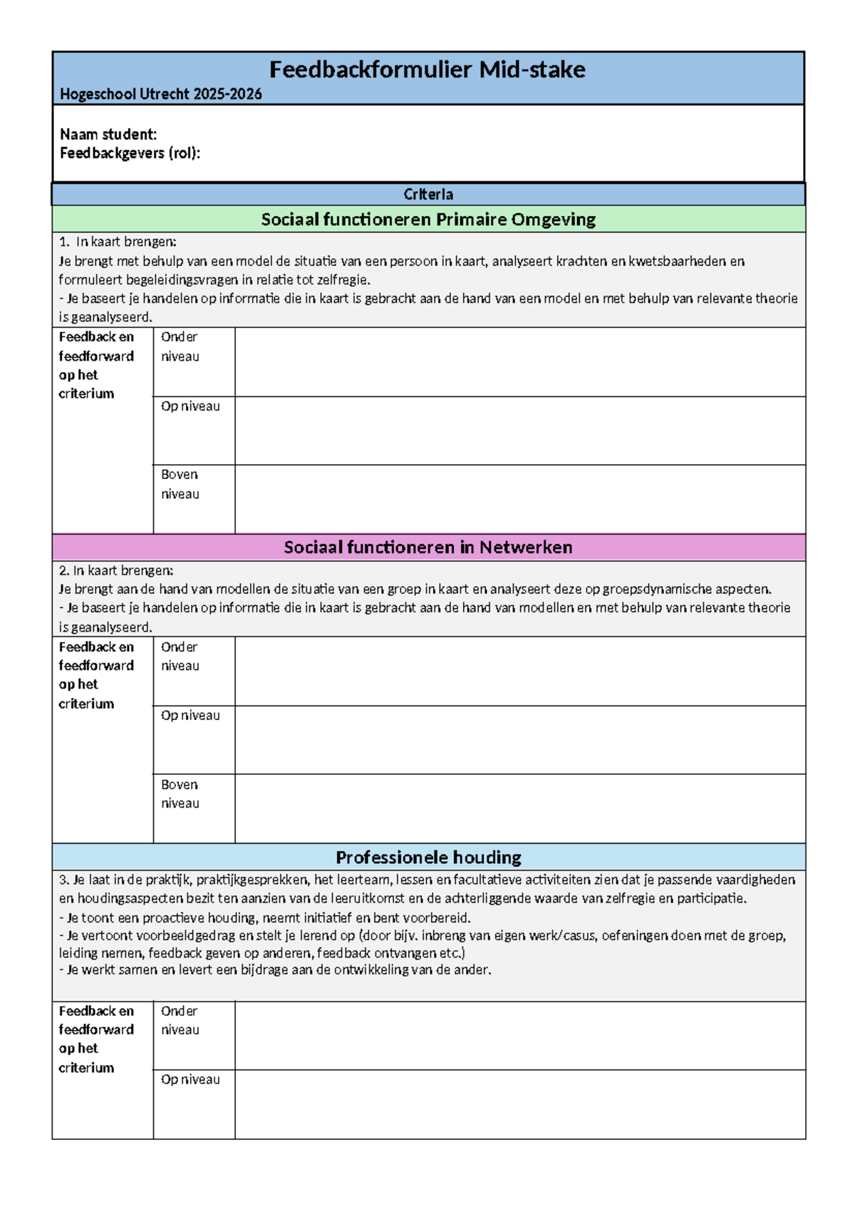 Hogeschool Utrecht Feedbackformulier voor Pitches - Midstake - Studeersnel