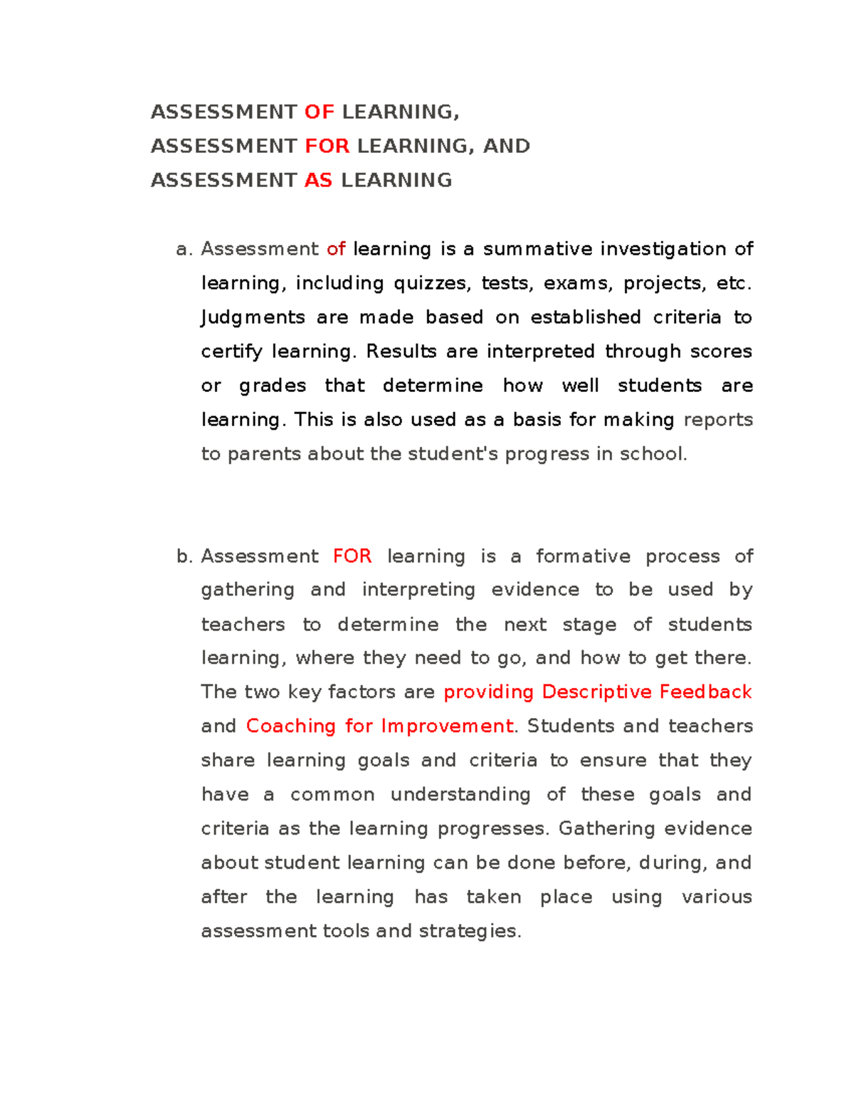 Lesson 3: Assessment of Learning, For Learning, and As Learning - Studocu