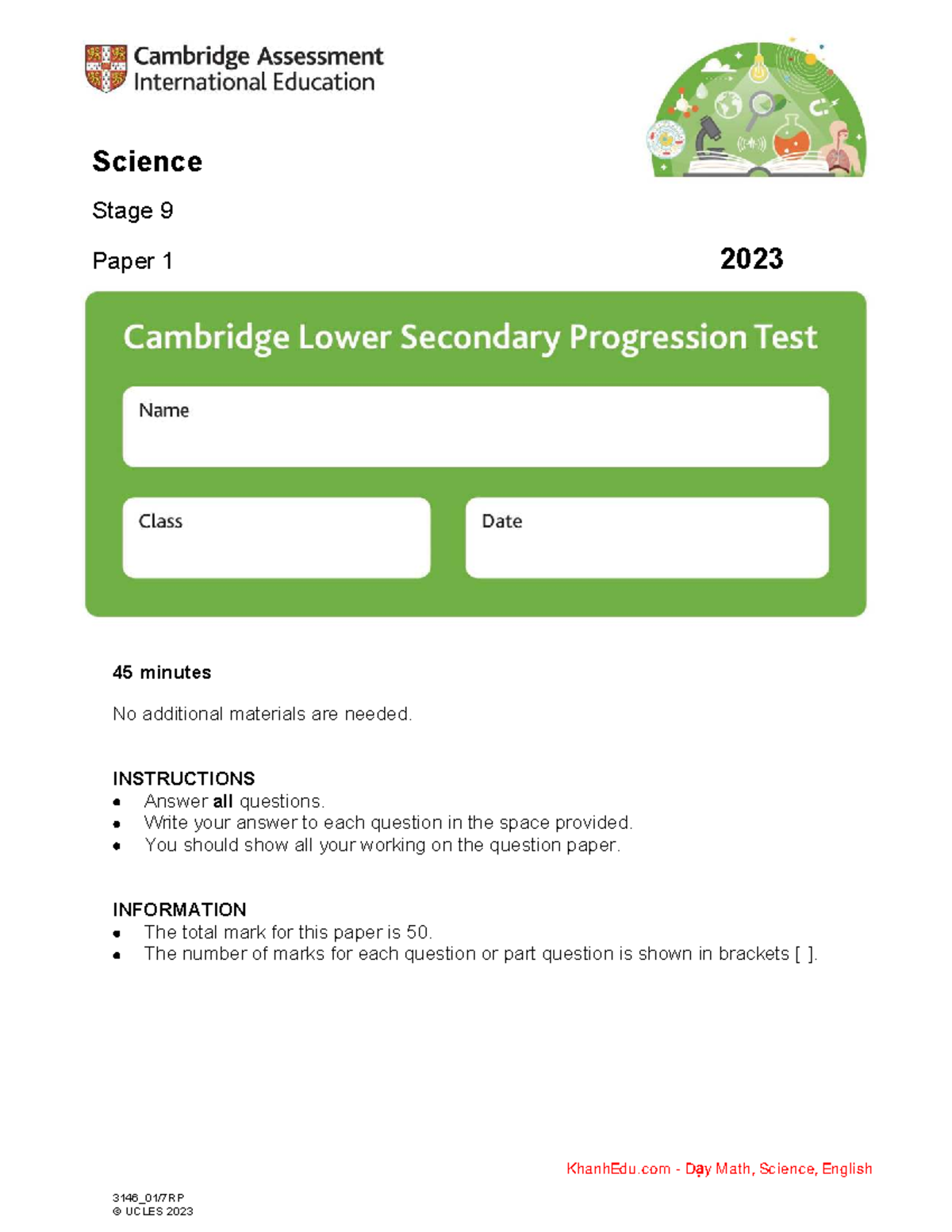 Stage 9 Science Progression Test 2023 Paper 1 (45 min) - Studocu
