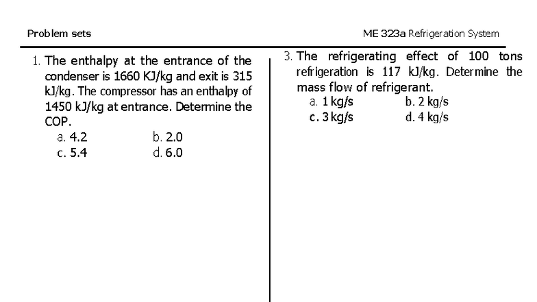ME 323a Problem Sets for Refrigeration System - 1st Sem 2025 - Studocu