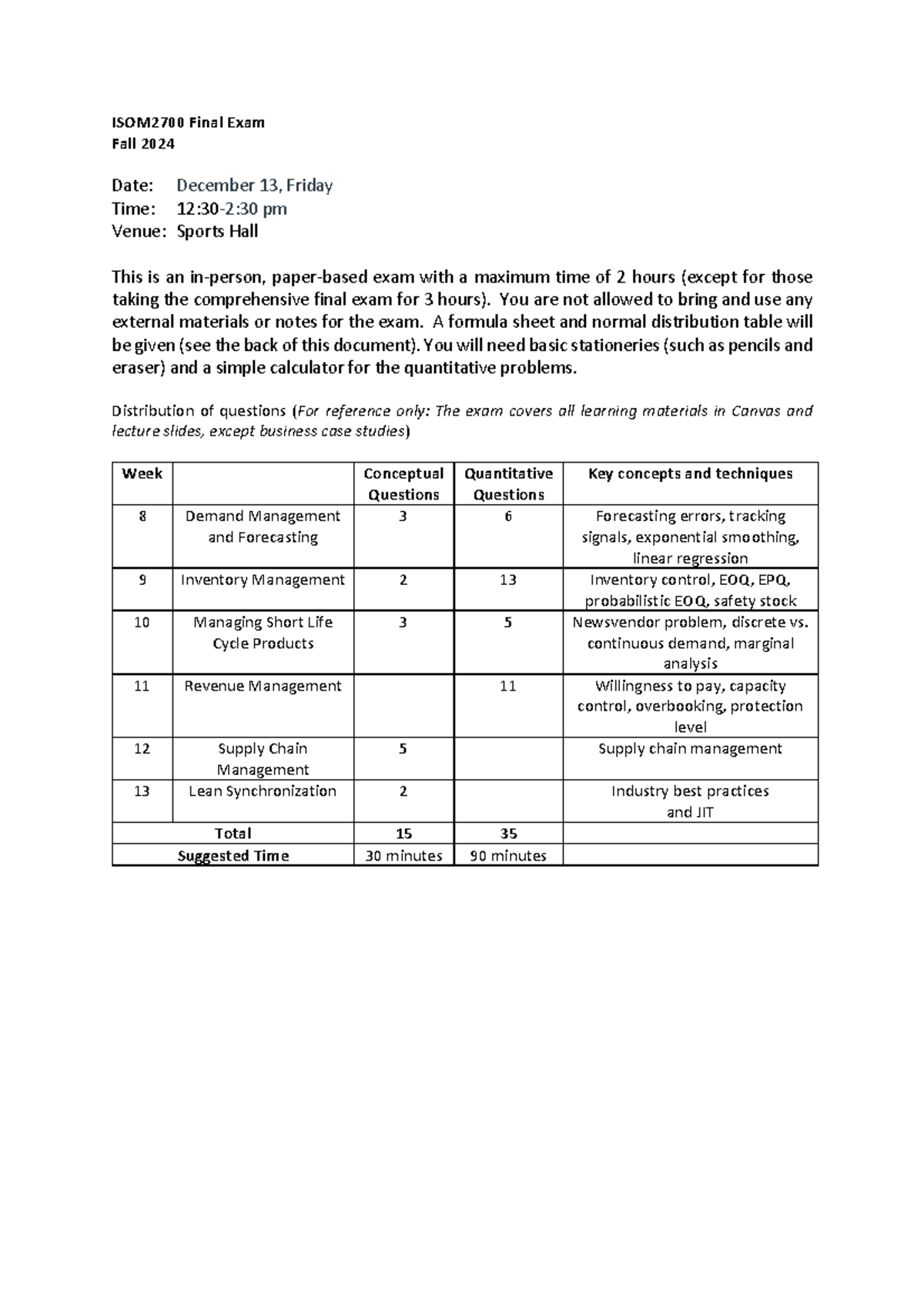 ISOM2700F2024Final Study Guide - ISOM2700 Final Exam Fall 2024 Date ...
