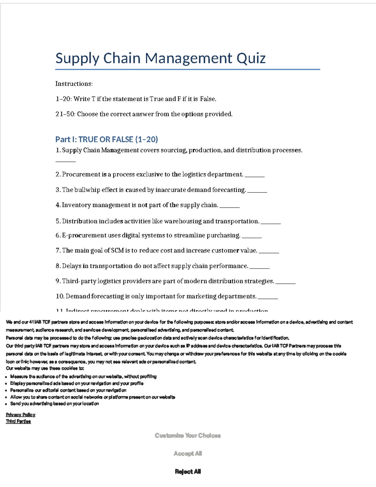 Supply Chain Management Quiz (SCM 101) - True/False & MCQ - Studocu