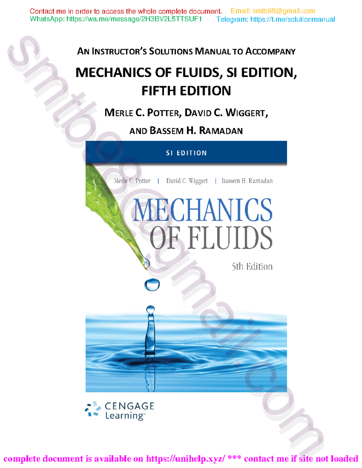 Solutions Manual for Mechanics of Fluids, 5th SI Ed. (Potter