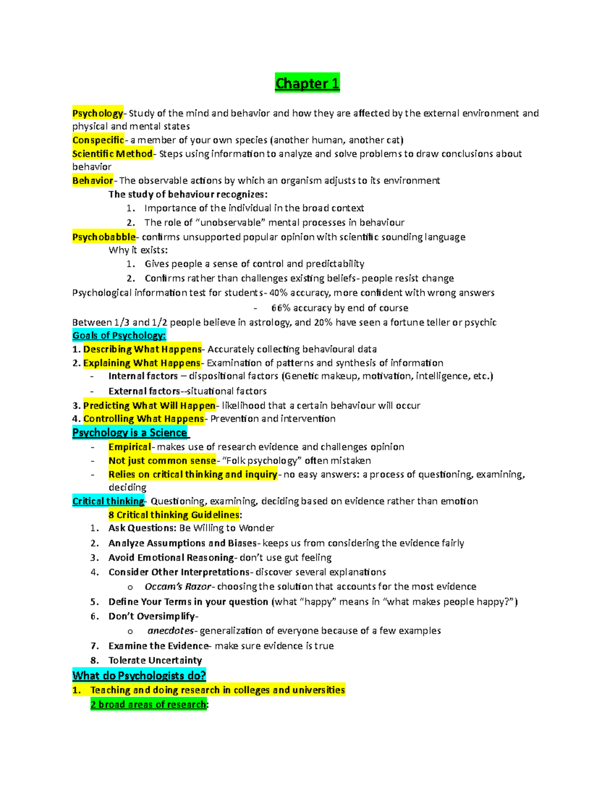 Notes - Summary Psychology 120 - Chapter 1 Study of the mind and ...