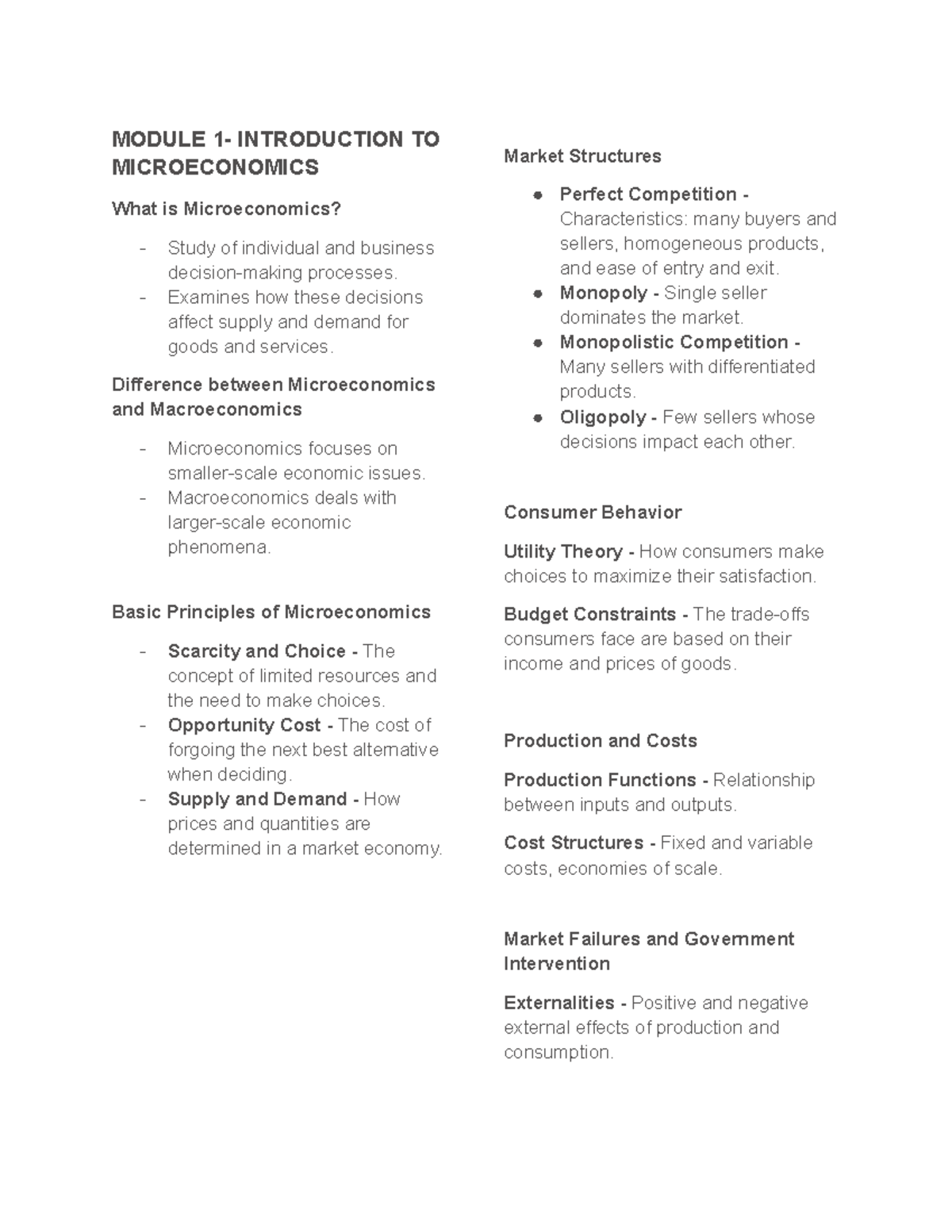 Microeconomics (ECO101): Comprehensive Review of Key Concepts - Studocu