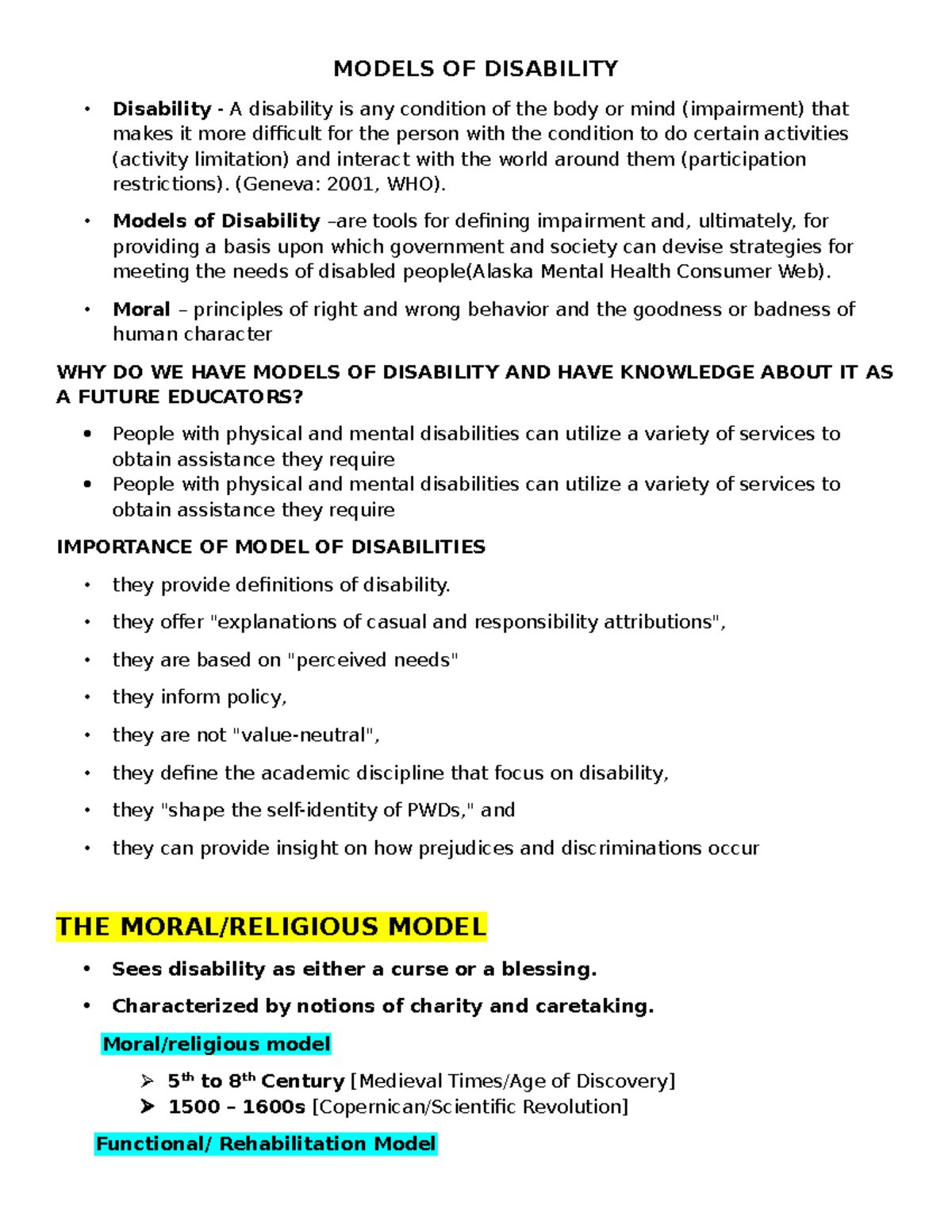 Understanding Models of Disability: Importance and Implications - Studocu