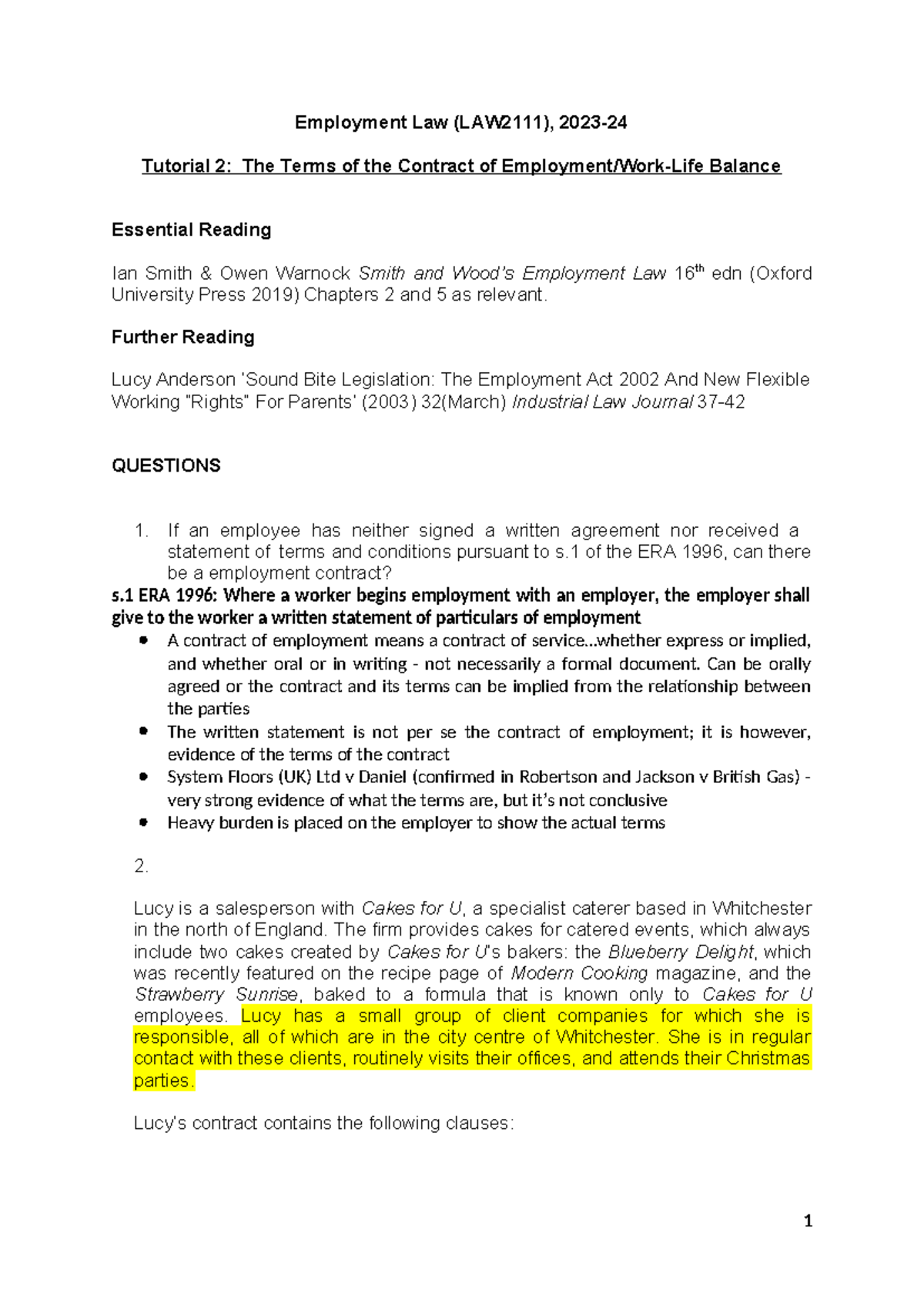 Tutorial 2: Terms of Employment Law (LAW2111) for 2023-2024 - Studocu