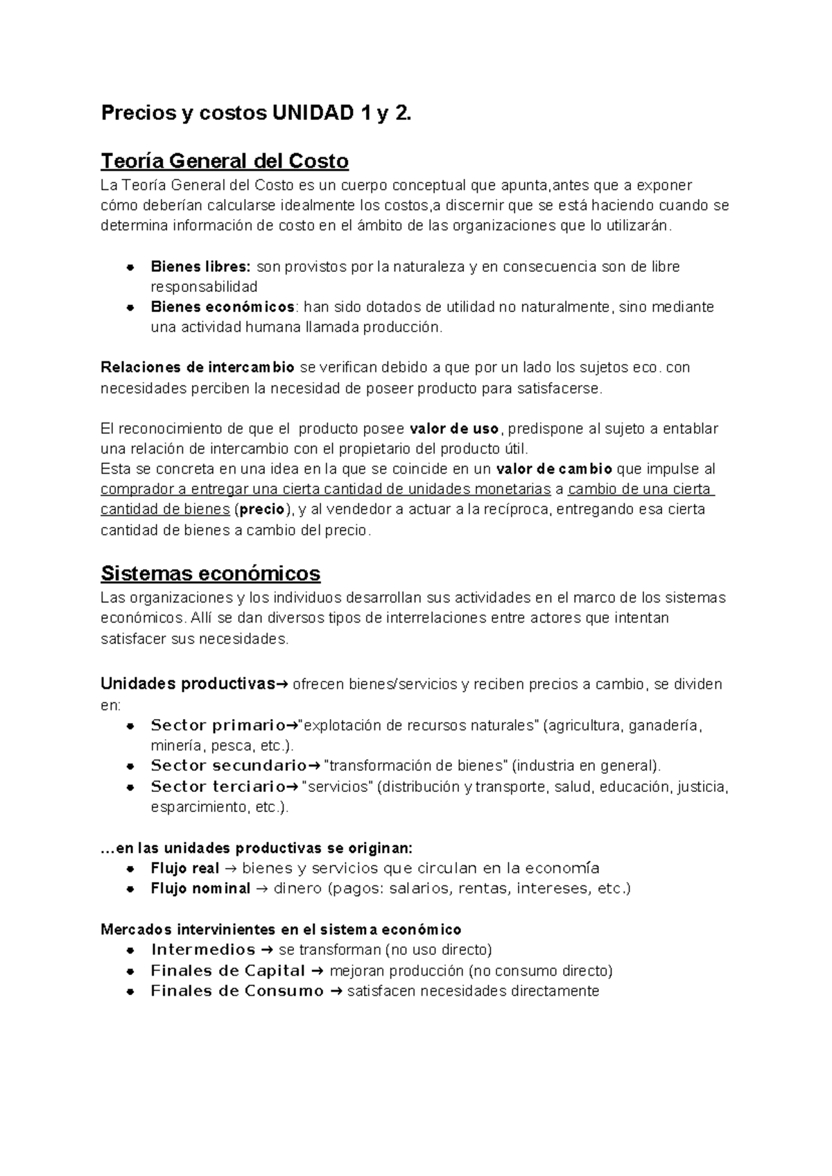 Resumen de Precios y Costos - UNIDAD 1 y 2 - Studocu