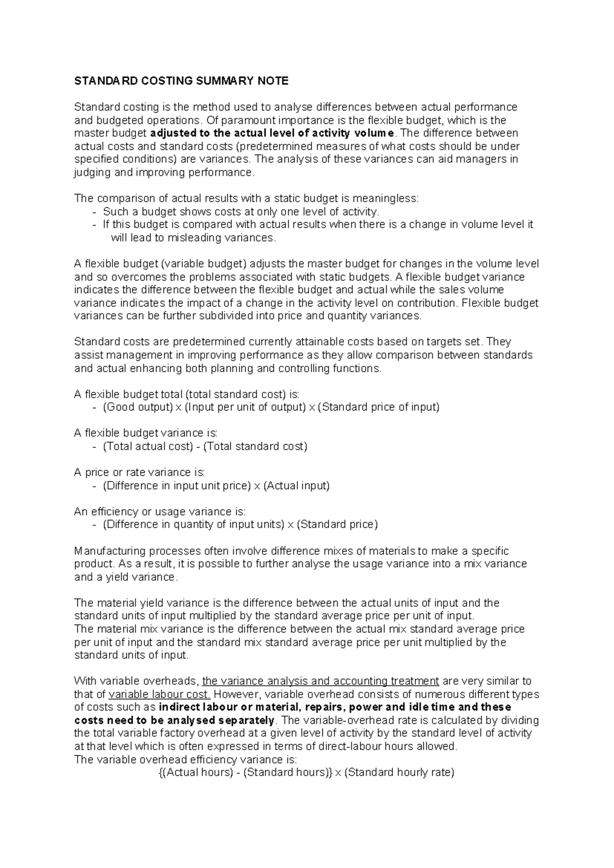 Standard Costing (ACCT 201) Summary Notes and Variance Analysis - Studocu