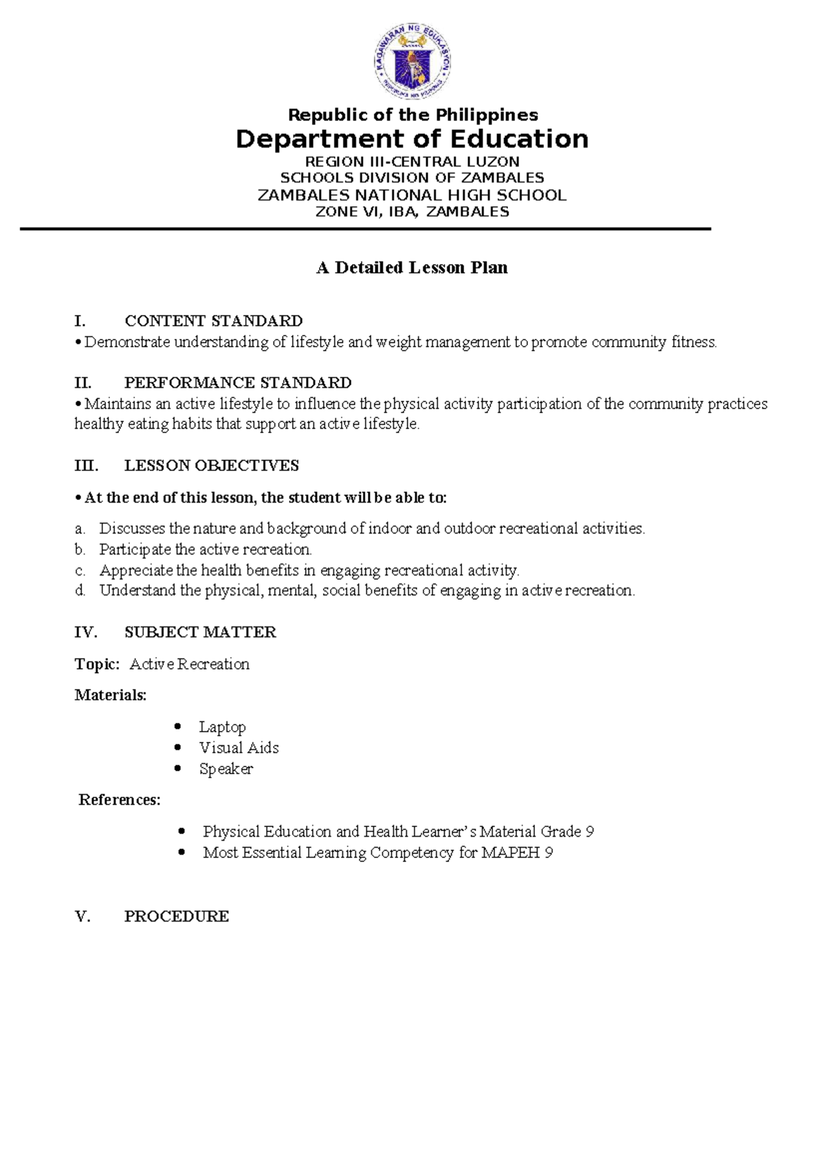 Recreational activities detailed lesson plan for MAPEH 9 - Studocu
