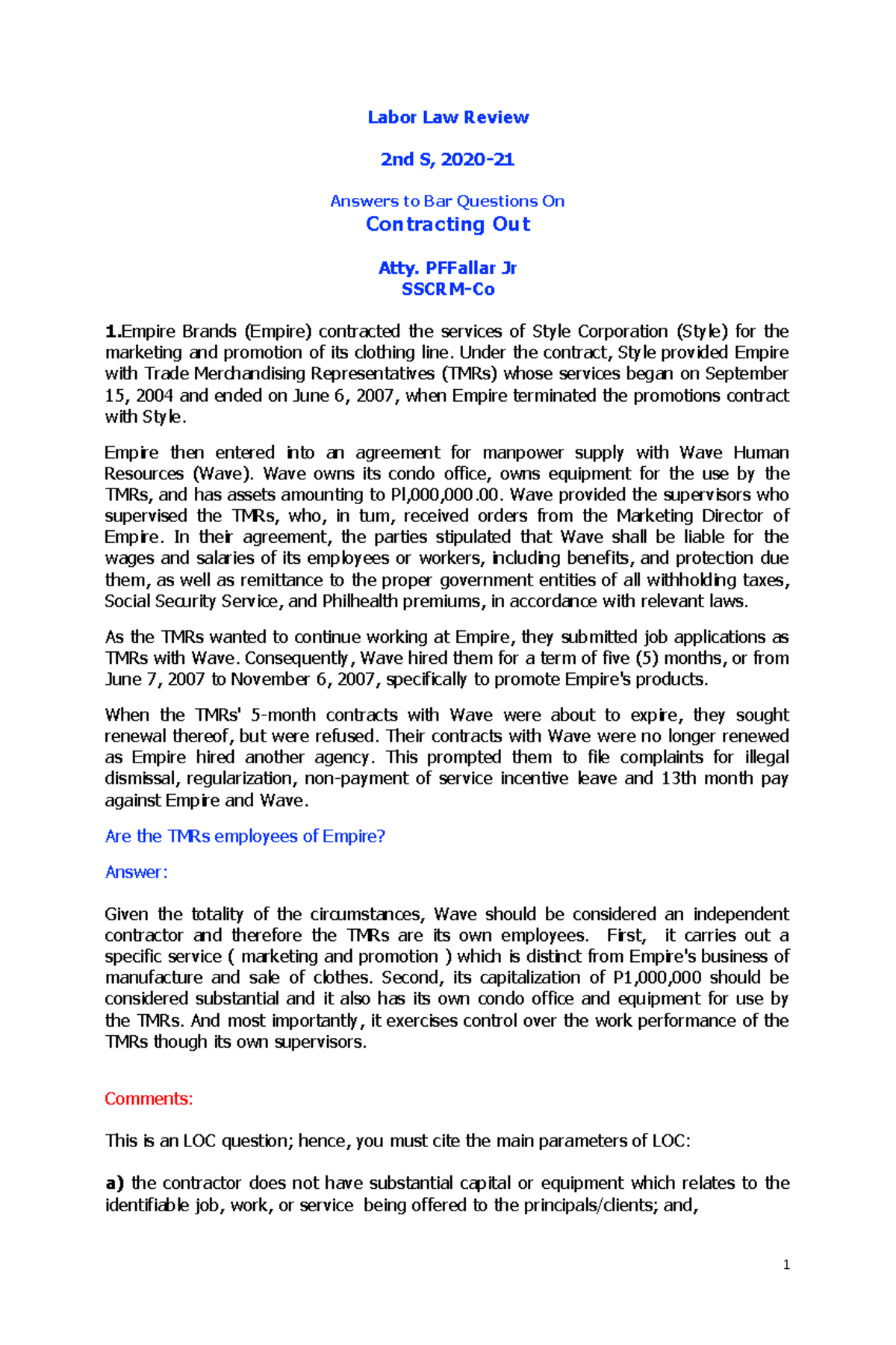 Labor Law Review: LOC Questions & Answers (2nd S 2020) - Studocu
