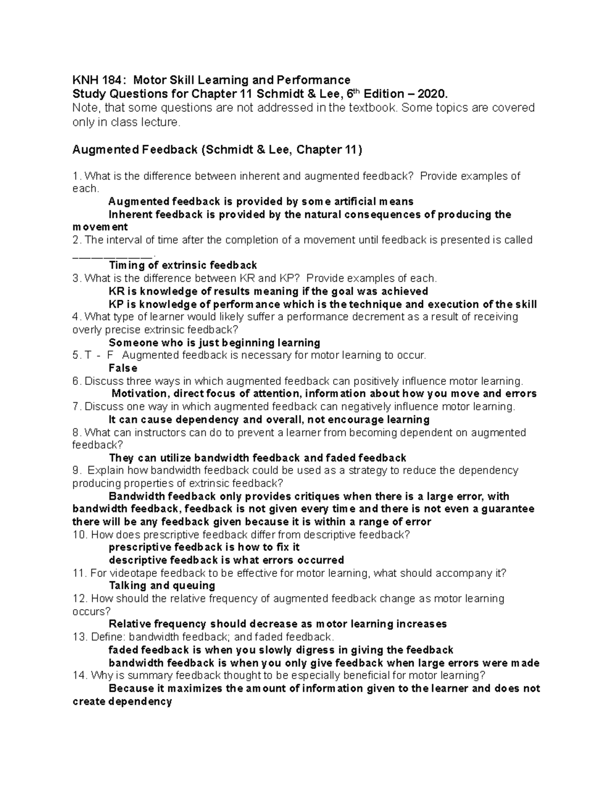 KNH 184 Chapter 11 Study Questions on Augmented Feedback - Studocu