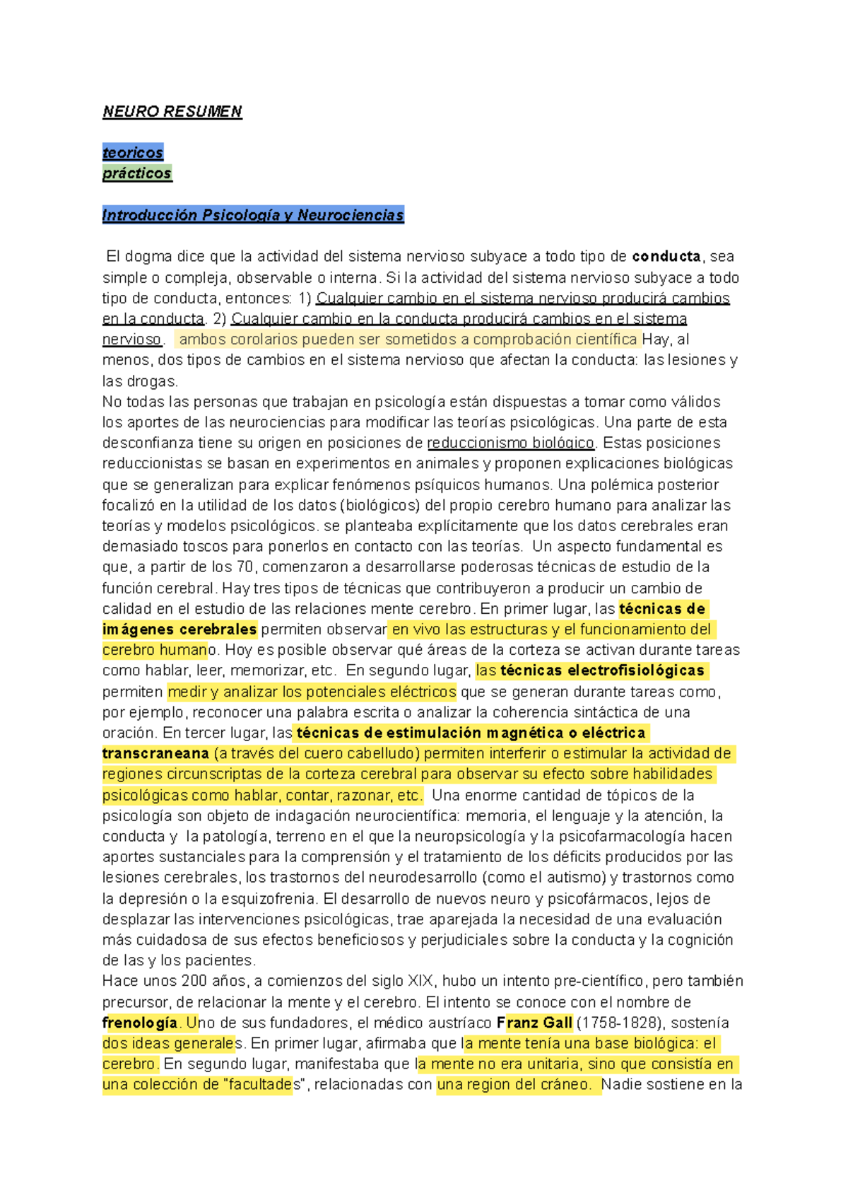 Neuro Resumen 1ER Parcial: Introducción a Psicología y Neurociencias ...
