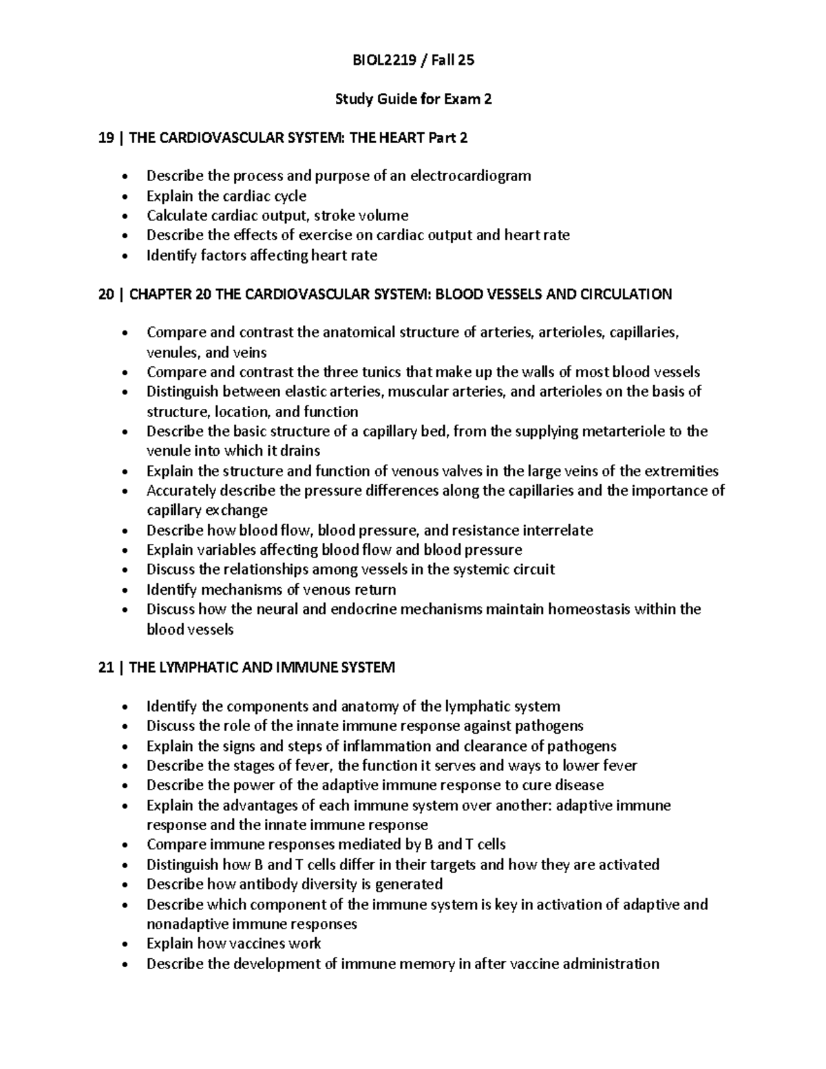 BIOL2219 Fall 25 Study Guide for Exam 2: Cardiovascular & Immune ...