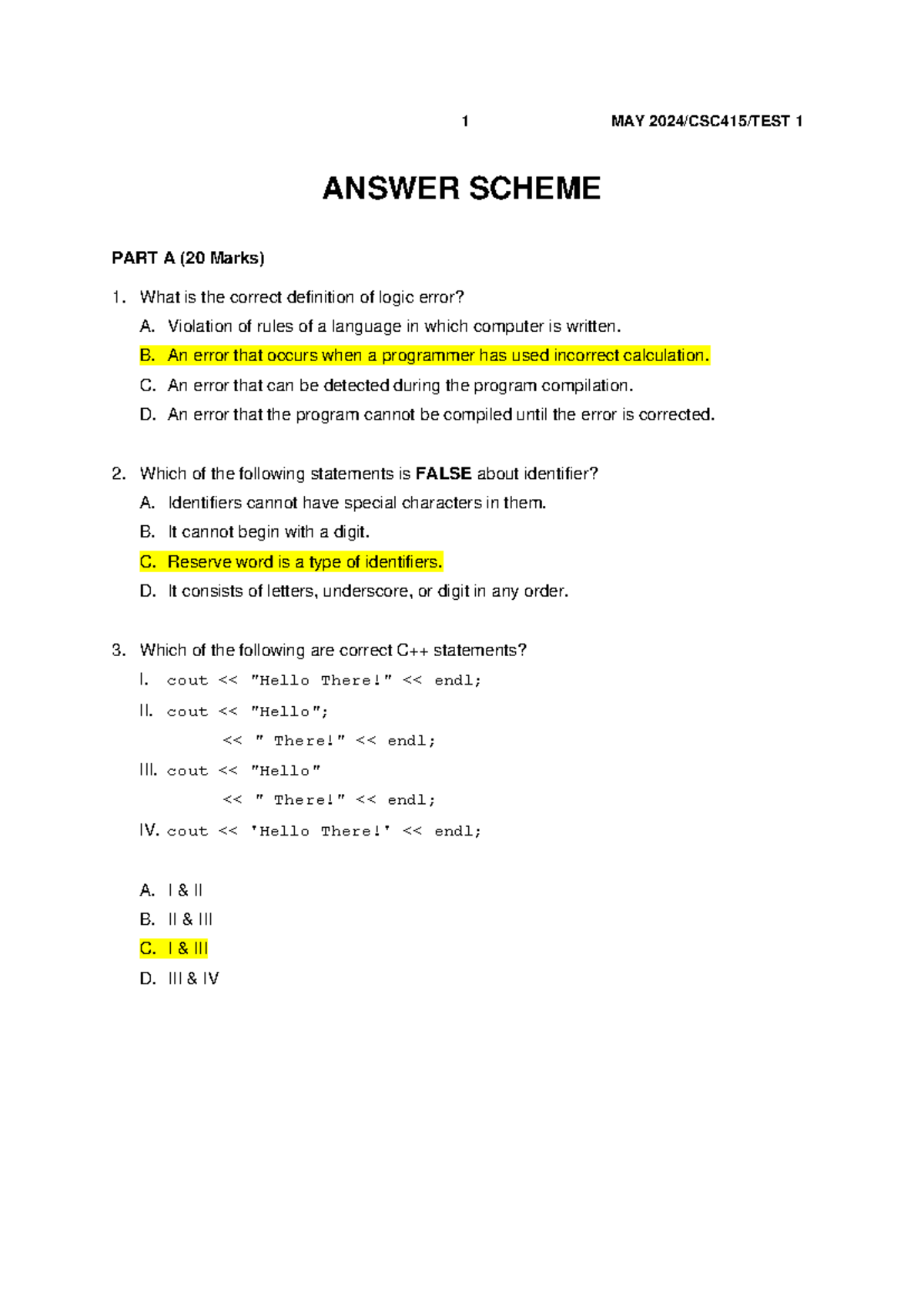 CSC415 - Test 1 Answer Scheme for May 2024 (Parts A, B, C) - Studocu