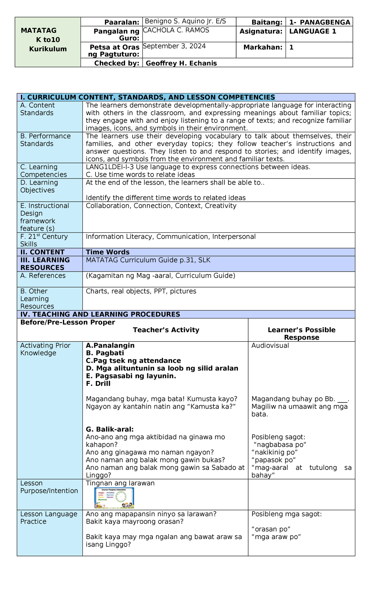 DLP Language 1 Lesson Plan Week 6: Time Words & Competencies - Studocu