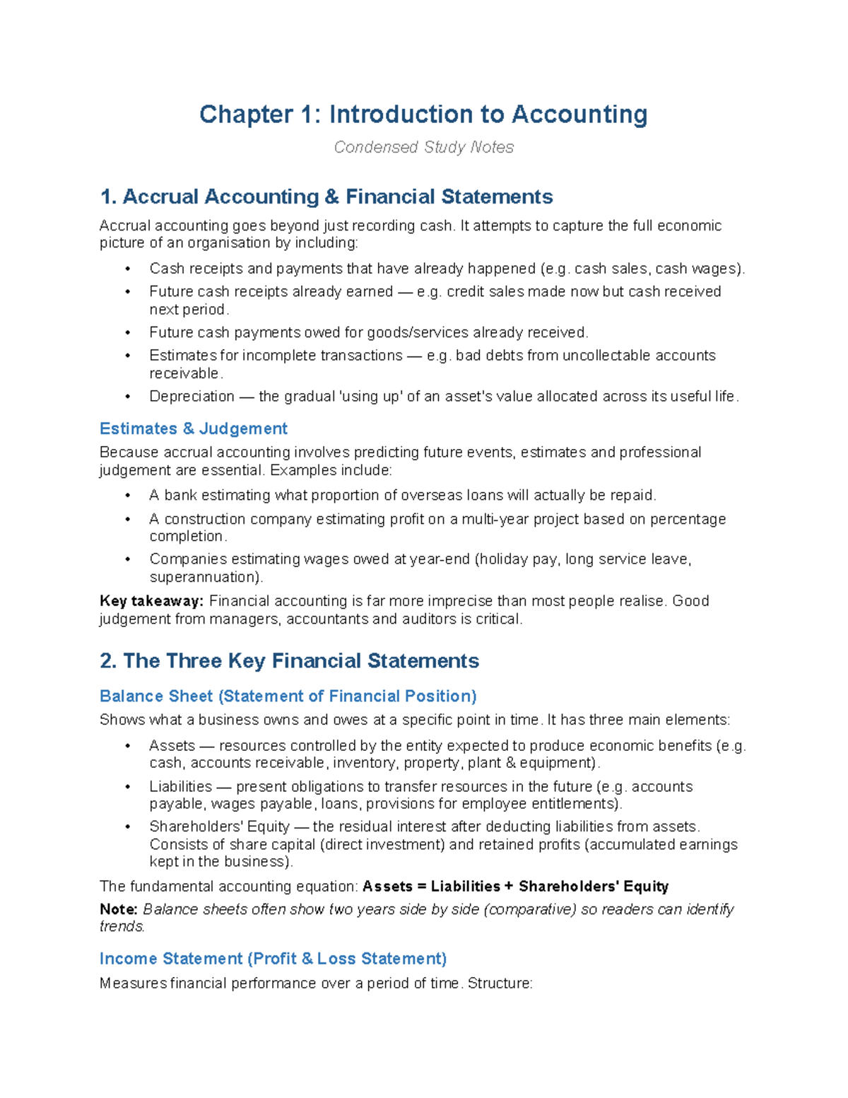 Chapter 1: Intro to Accounting - Condensed Study Notes (ACC101) - Studocu
