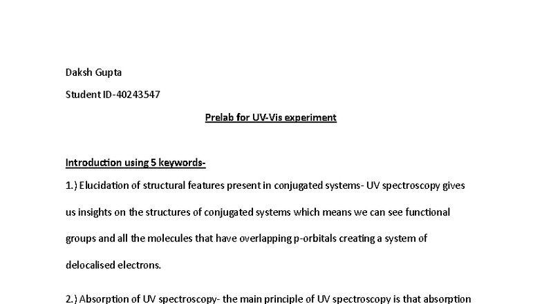 Prelab Experiment 1: UV Spectroscopy Insights and Compound Analysis ...