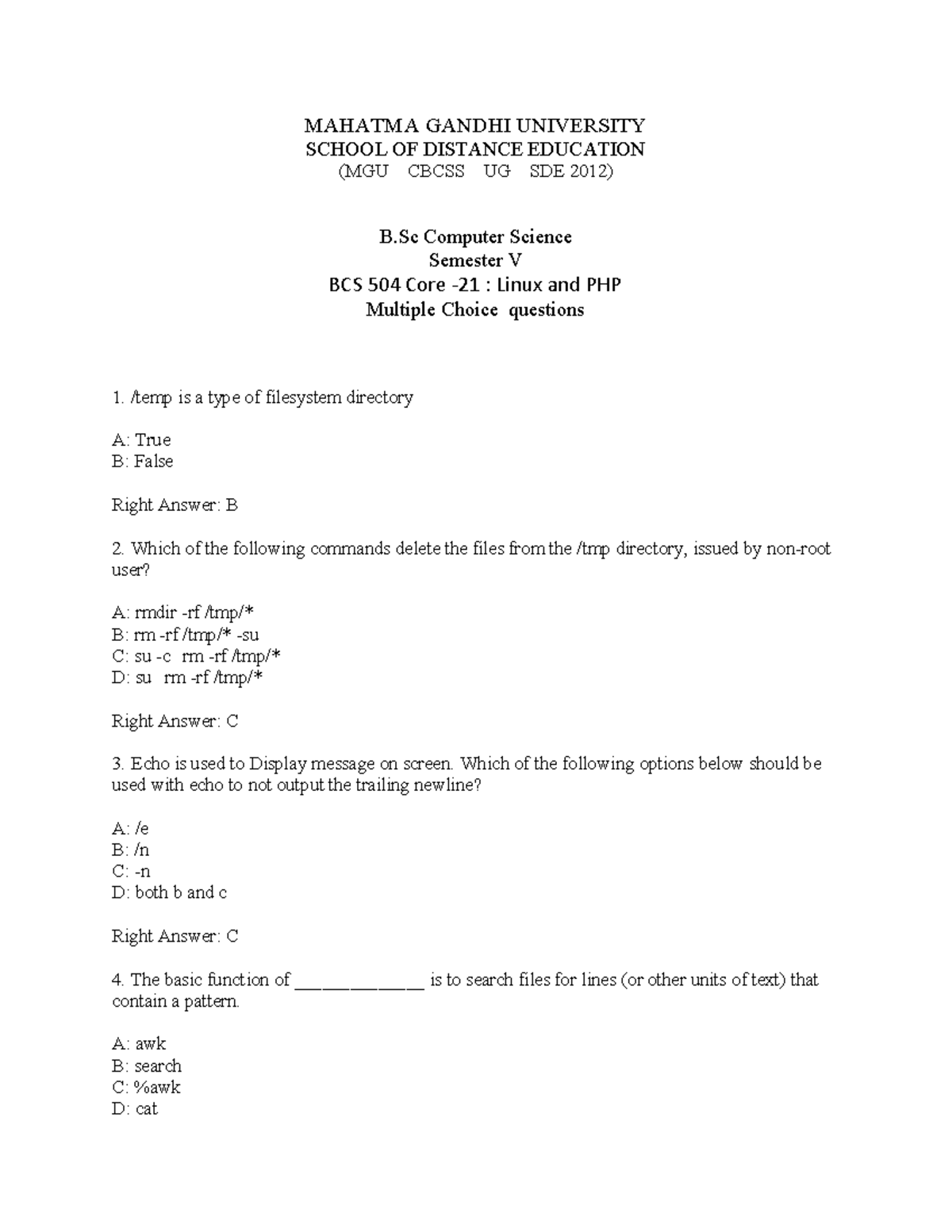 B.Sc Computer Science Semester V BCS 504 Core: Linux and PHP MCQs - Studocu