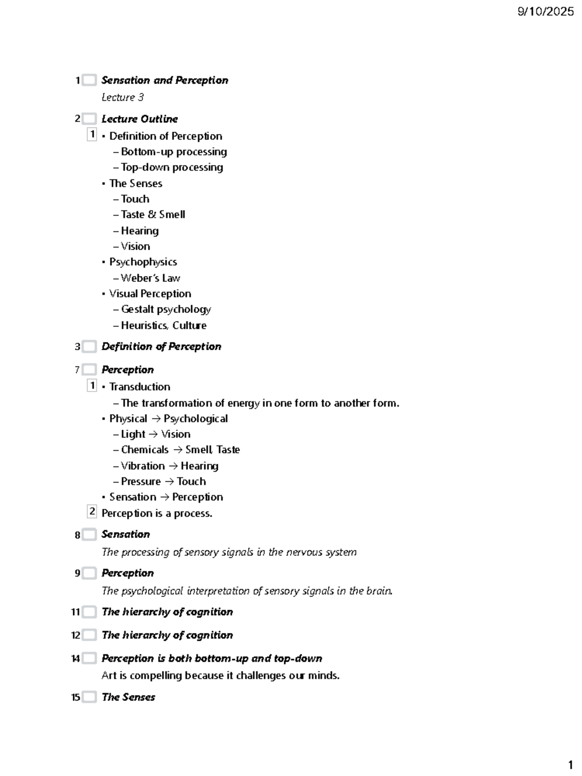 Sensation and Perception Lecture Notes (PSY 101) - Studocu