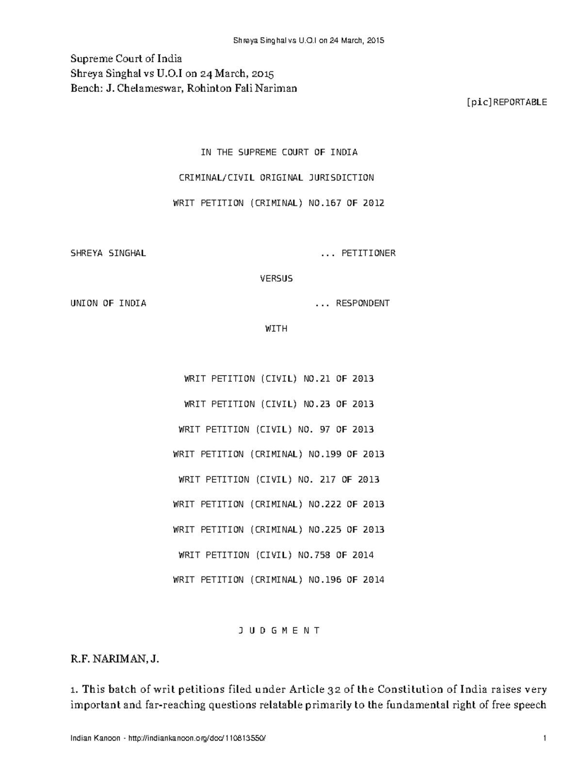 Shreya Singhal vs U - IT ACT 2000 Section 66A - Supreme Court of India ...