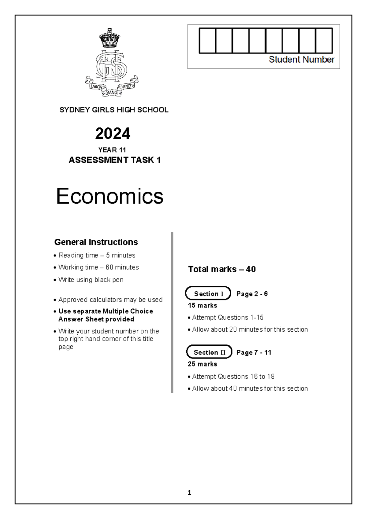 SGHS 2024 Year 11 Economics Task 1 - Final Exam Guide - Studocu