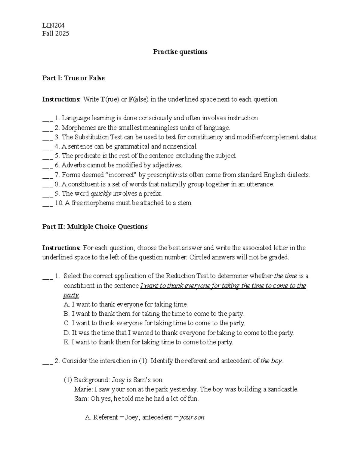 LIN204 Fall 2025 Midterm Review: Practice Questions & Answers - Studocu