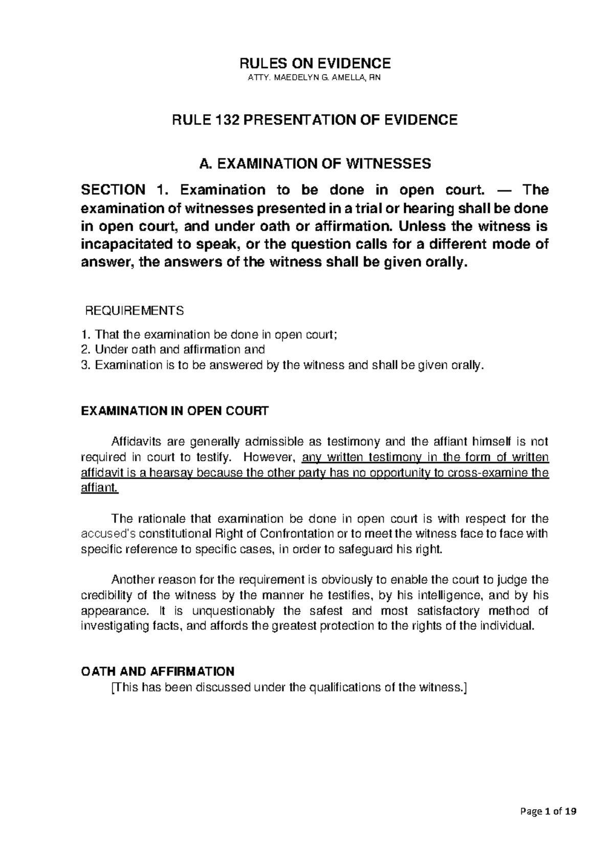 Rule 132: Examination of Witnesses and Presentation of Evidence - Studocu