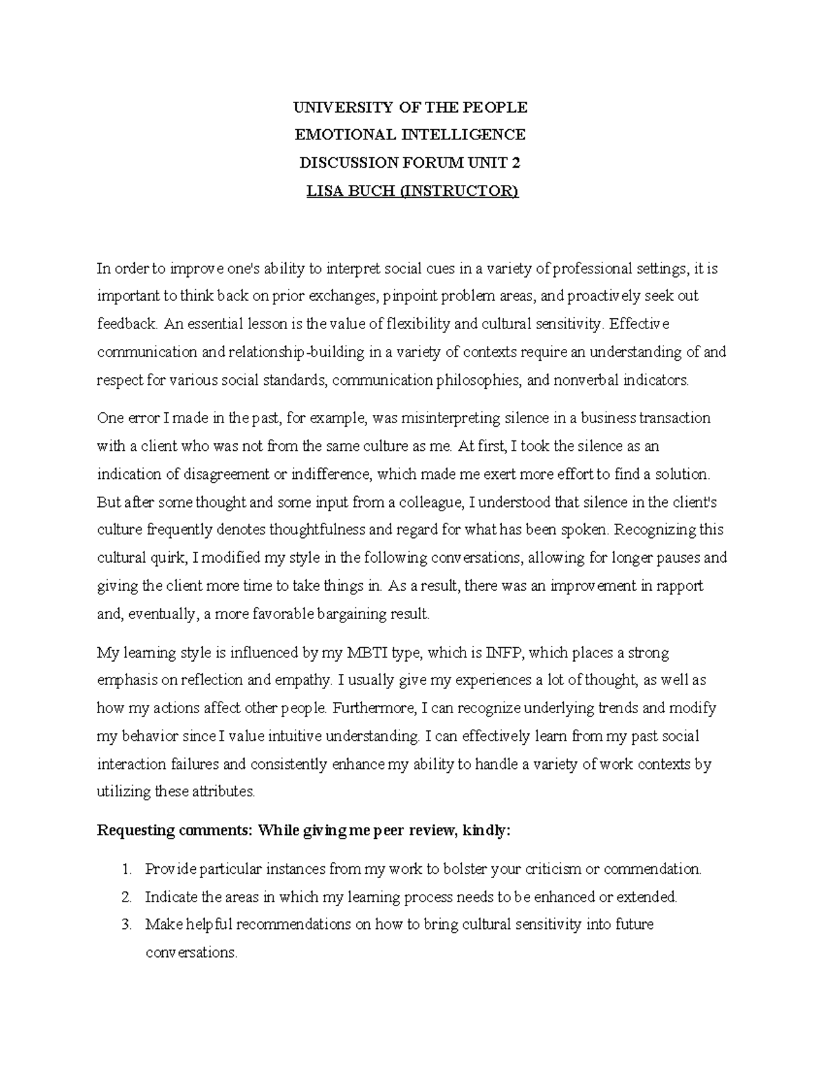 Discussion forum unit 2 - UNIVERSITY OF THE PEOPLE EMOTIONAL ...