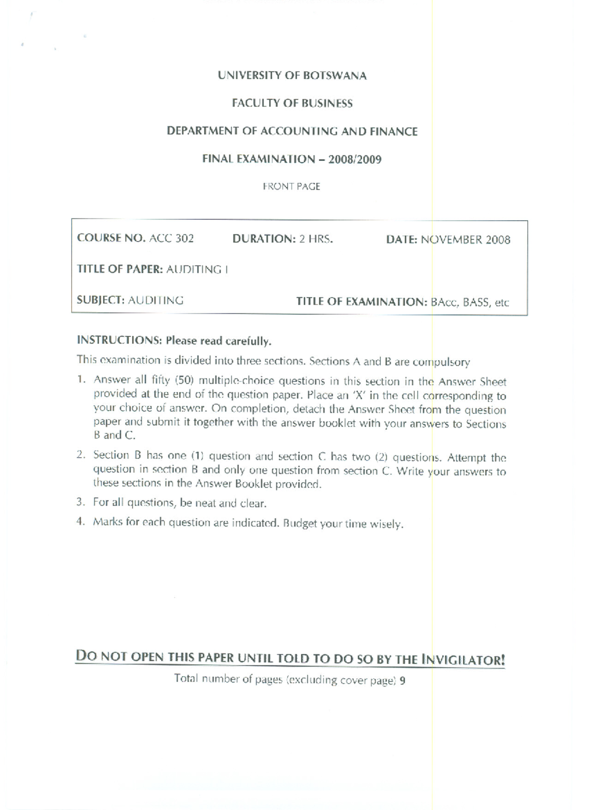 ACC 302 Auditing Final Exam Paper - November 2008 - Studocu