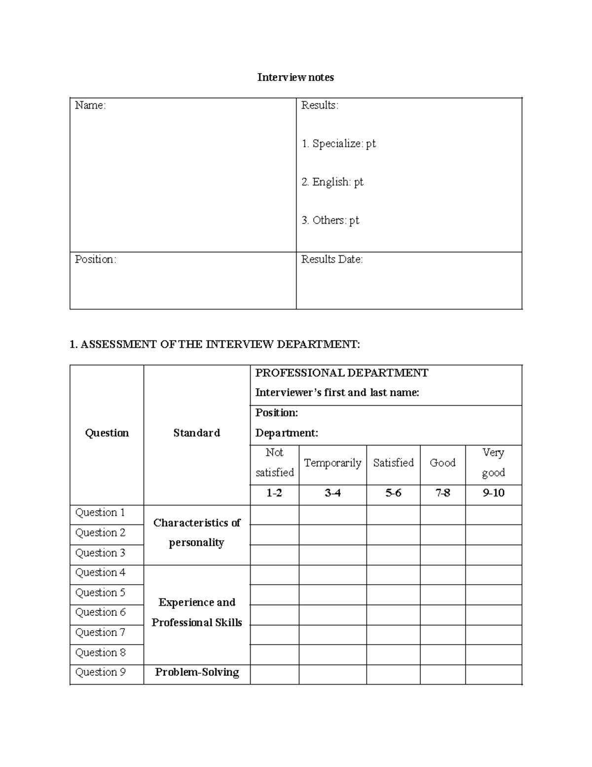 Interview NotesHRM - Interview notes Name: Results: Specialize: pt ...