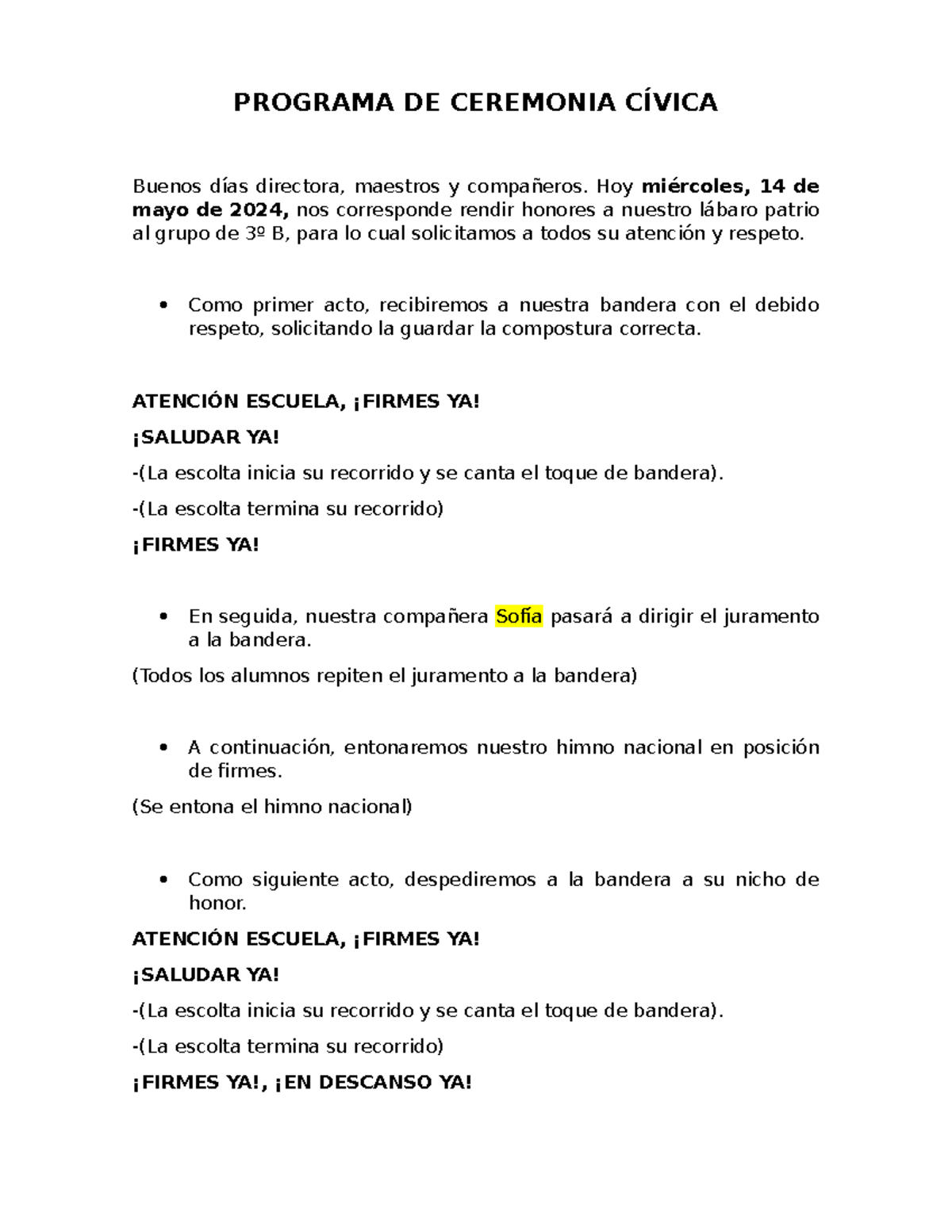 Programa de Ceremonia Cívica - 3º B - 14 de mayo de 2024 - Studocu