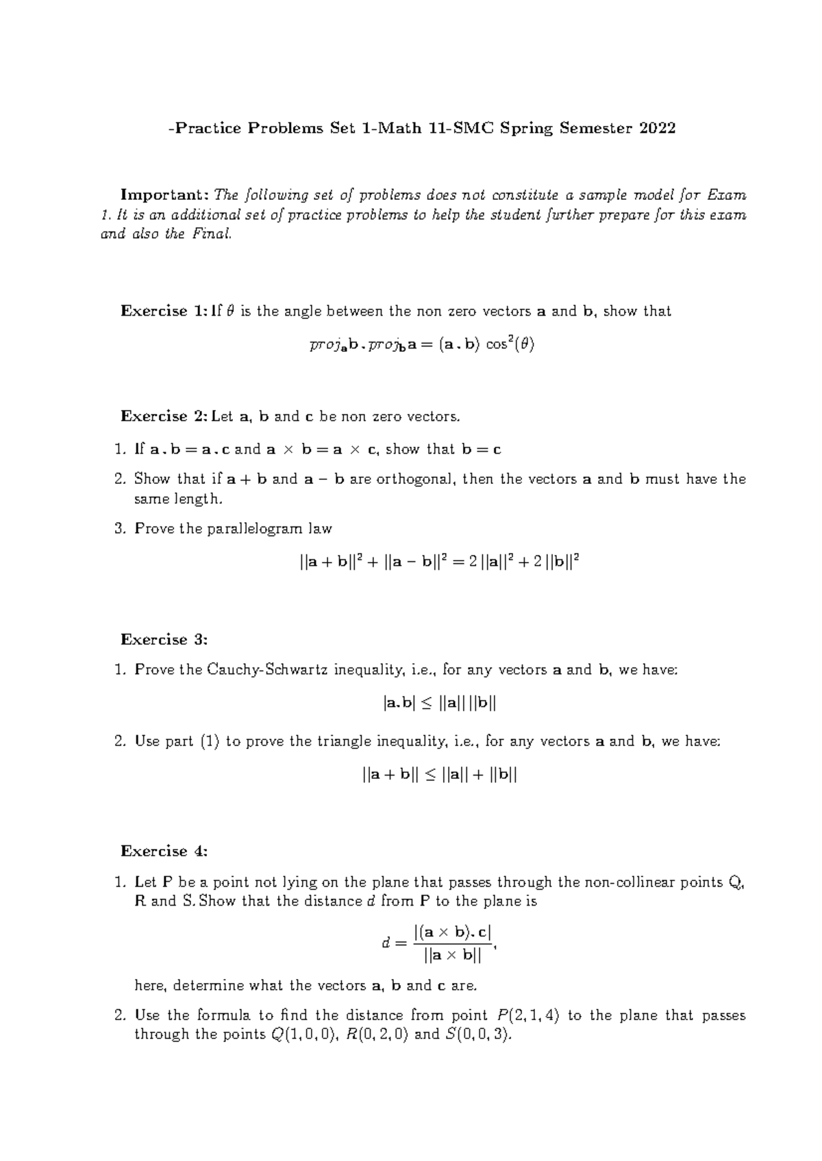 Calc-3 Math-11: Lecture 1 Practice Problems - Problems Set Spring ...