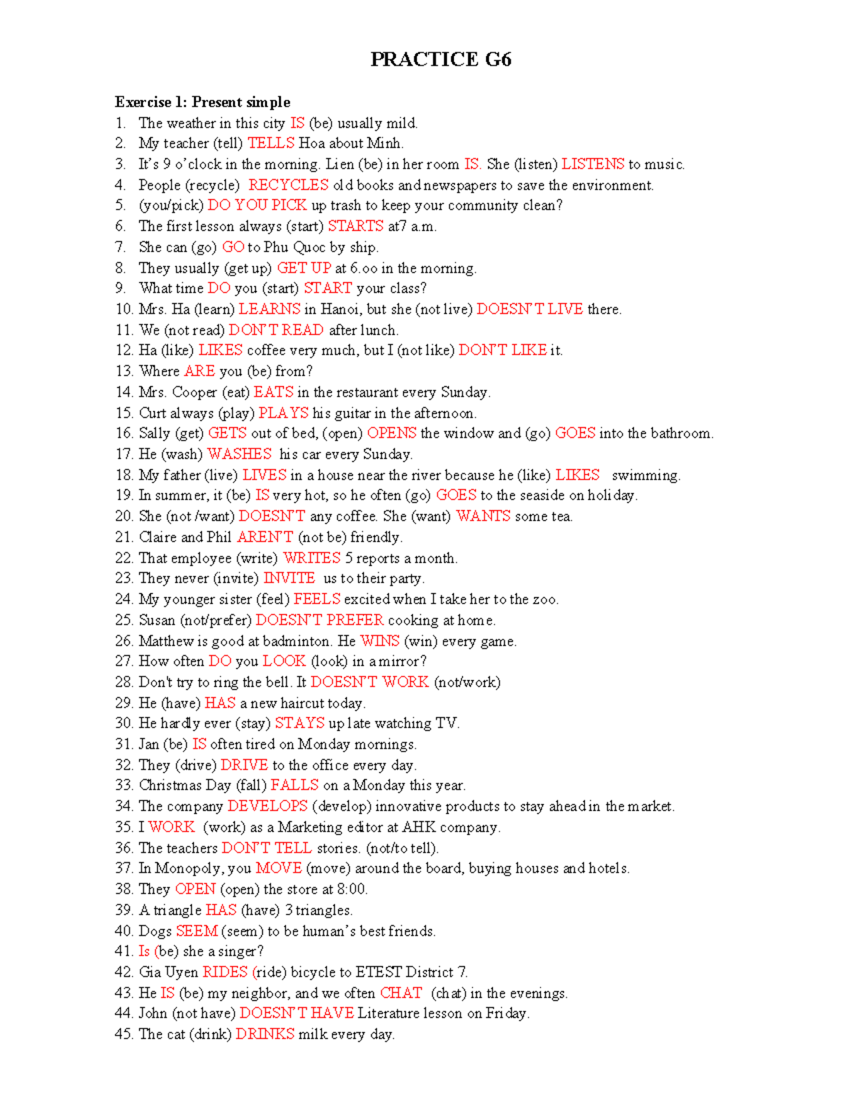 English Practice - Present Simple Exercises for Review - Studocu