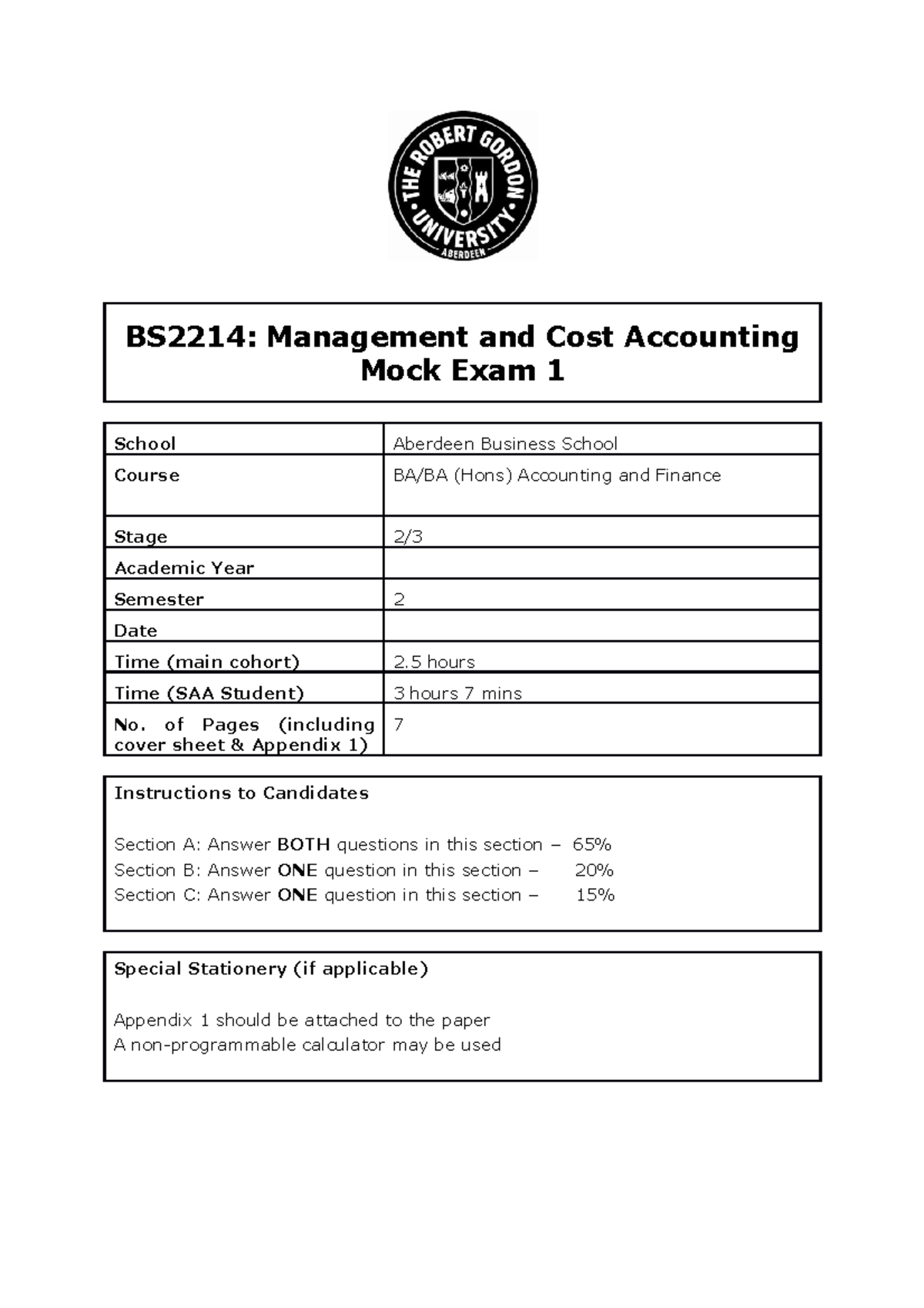 BS2214 Mock Exam 1: Management & Cost Accounting Revision - Studocu
