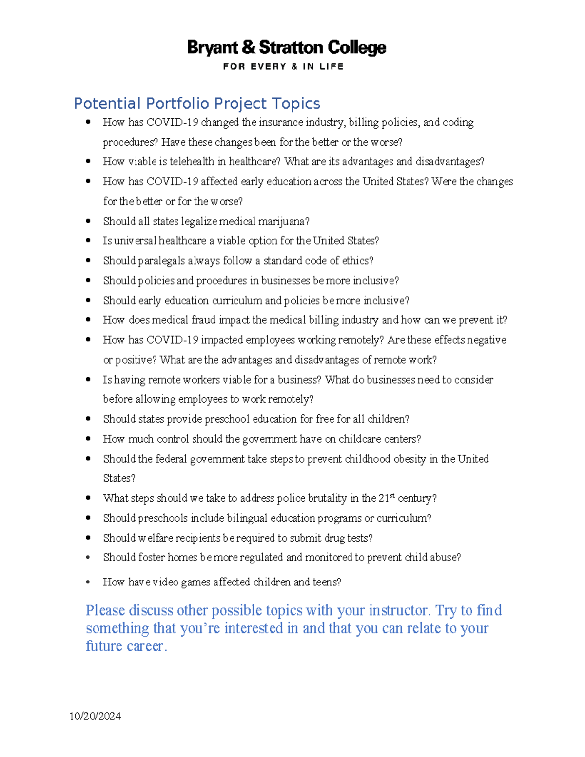 ENGL202 - Portfolio Project Topics - Potential Portfolio Project Topics ...
