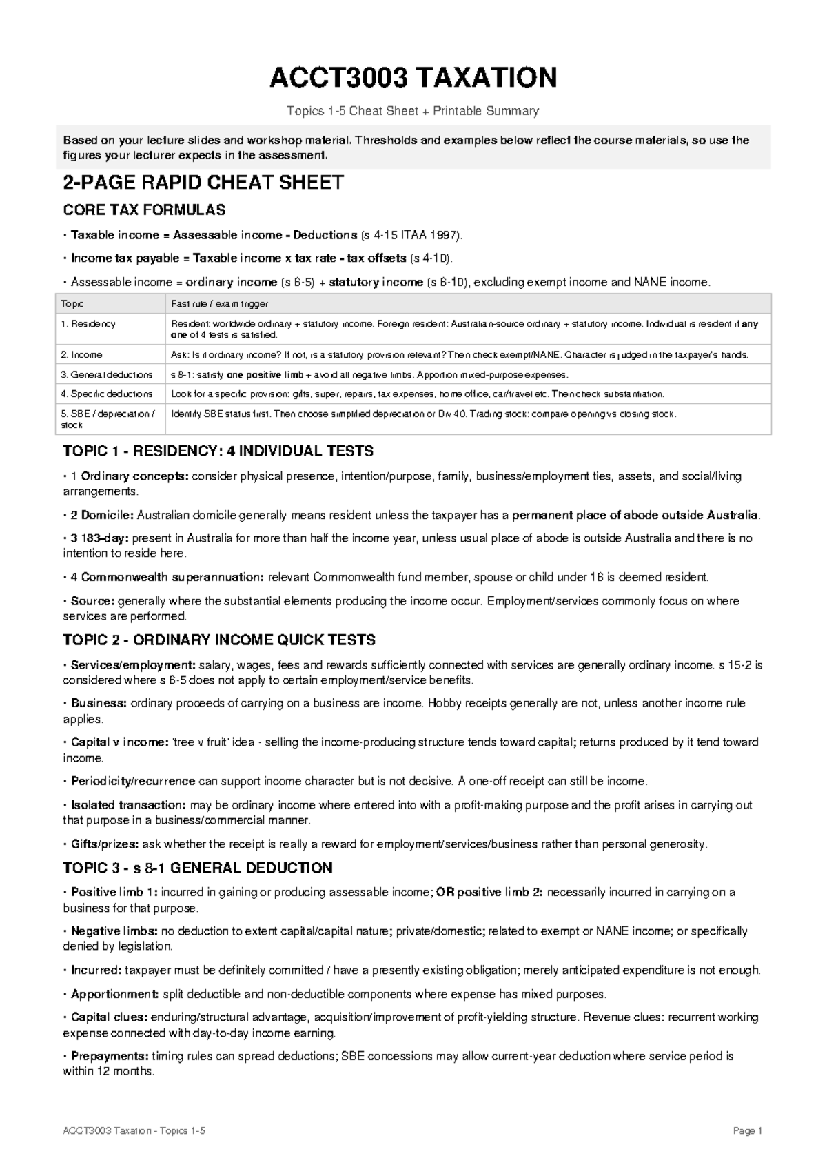 ACCT3003 Taxation Topics 1-5 Cheat Sheet & Summary Guide - Studocu
